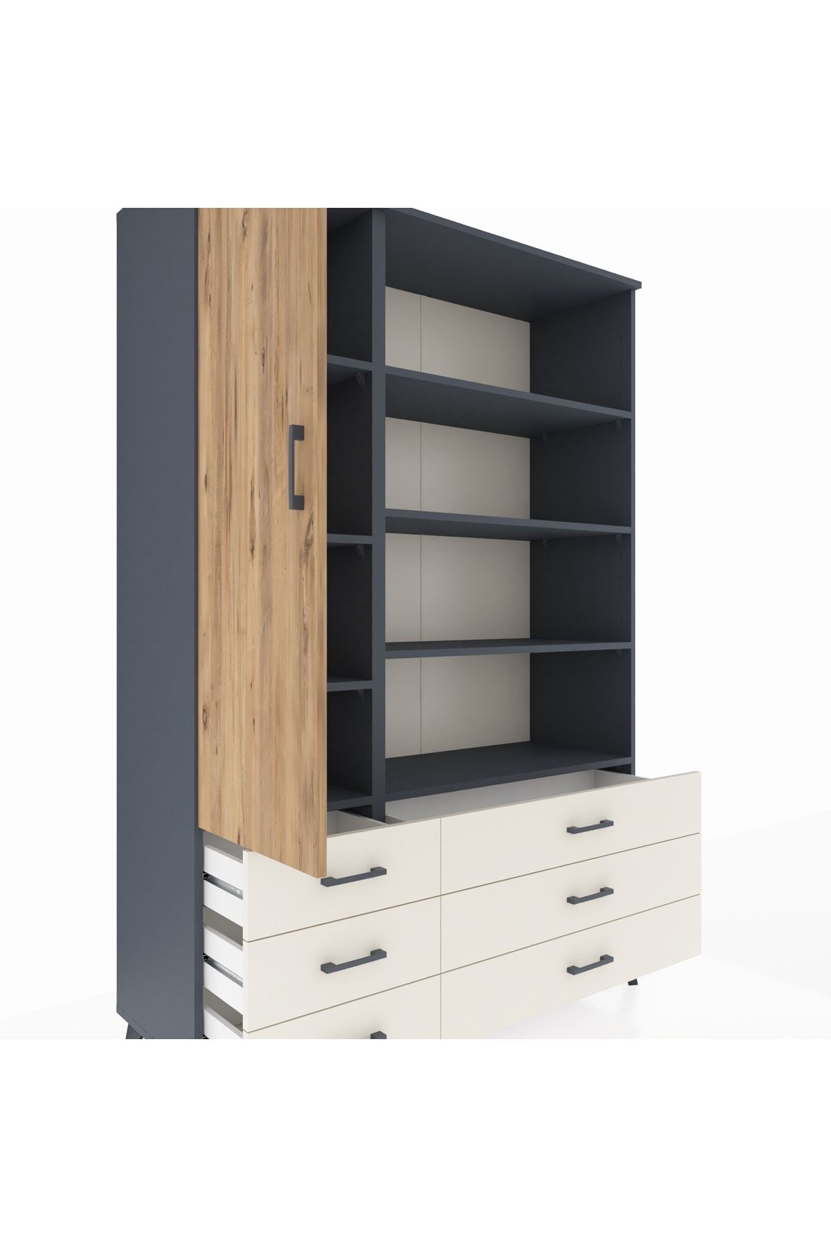 Hyperion Dolap 8 Raflı 6 Çekmeceli Tek Kapaklı  132x44x195 Antrasit-Çam/Aytaşı