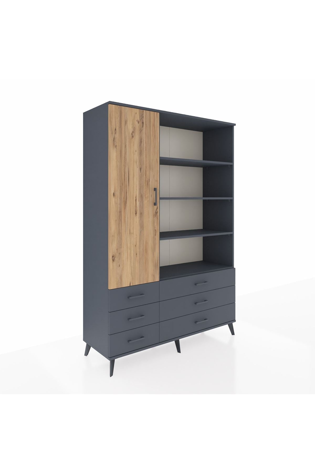 Hyperion Dolap 8 Raflı 6 Çekmeceli Tek Kapaklı  132x44x195 Antrasit-Çam/Antrasit