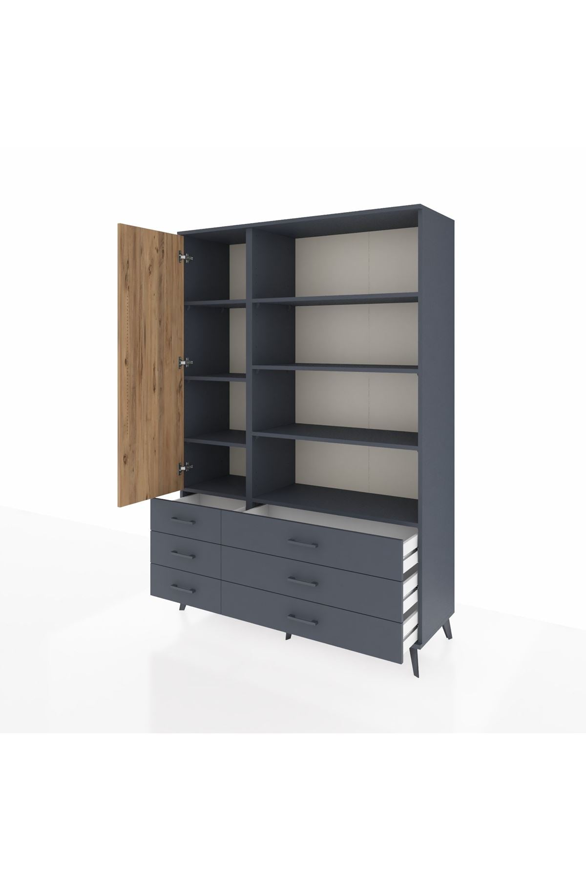 Hyperion Dolap 8 Raflı 6 Çekmeceli Tek Kapaklı  132x44x195 Antrasit-Çam/Antrasit