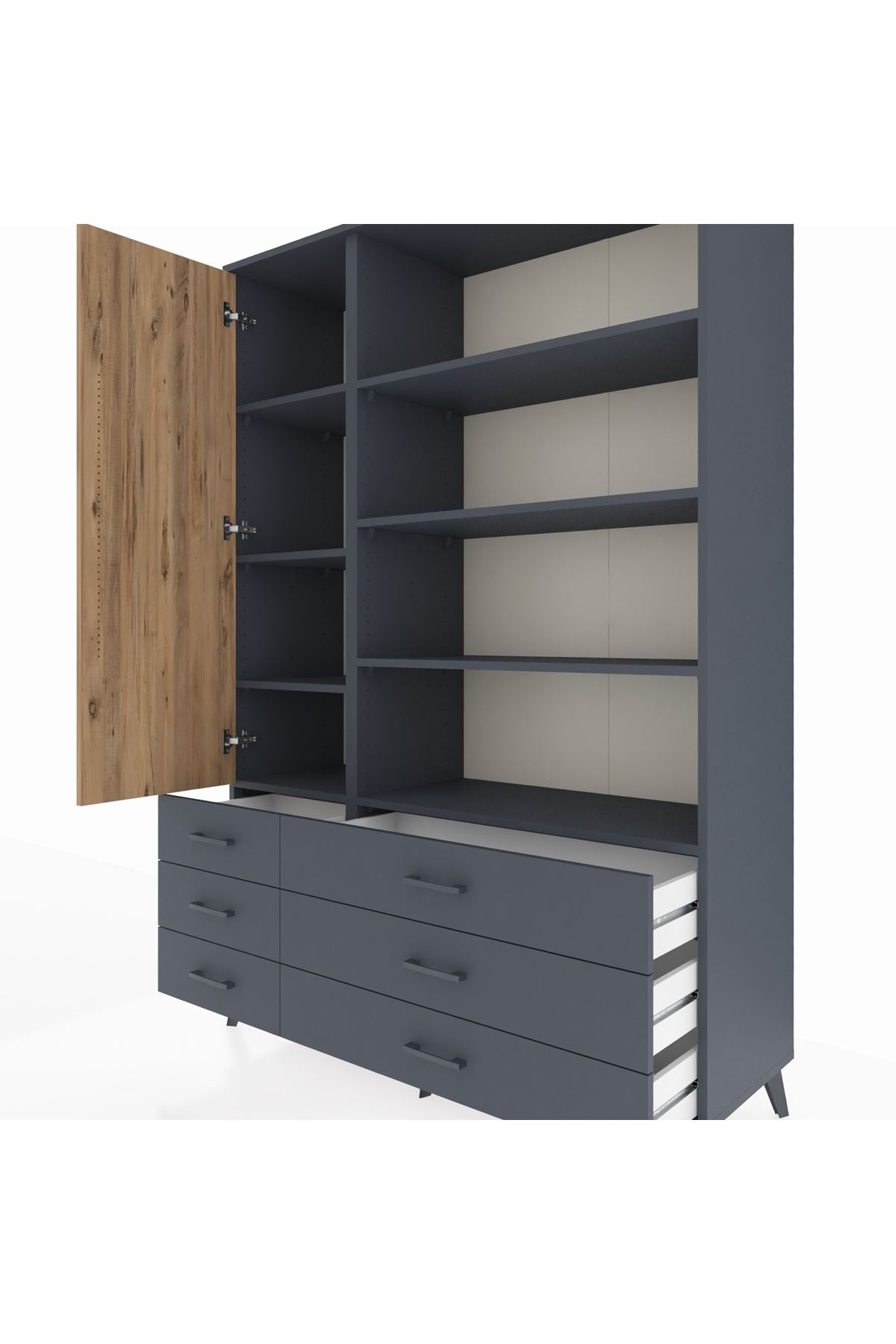 Hyperion Dolap 8 Raflı 6 Çekmeceli Tek Kapaklı  132x44x195 Antrasit-Çam/Antrasit