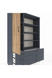Hyperion Dolap 8 Raflı 6 Çekmeceli Tek Kapaklı  132x44x195 Antrasit-Çam/Antrasit