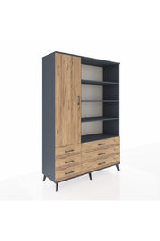 Hyperion Dolap 8 Raflı 6 Çekmeceli Tek Kapaklı  132x44x195 Antrasit-Çam/Çam