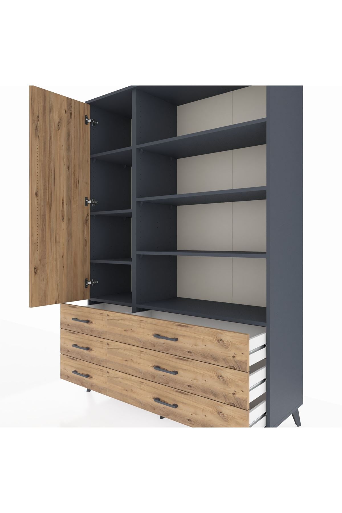 Hyperion Dolap 8 Raflı 6 Çekmeceli Tek Kapaklı  132x44x195 Antrasit-Çam/Çam