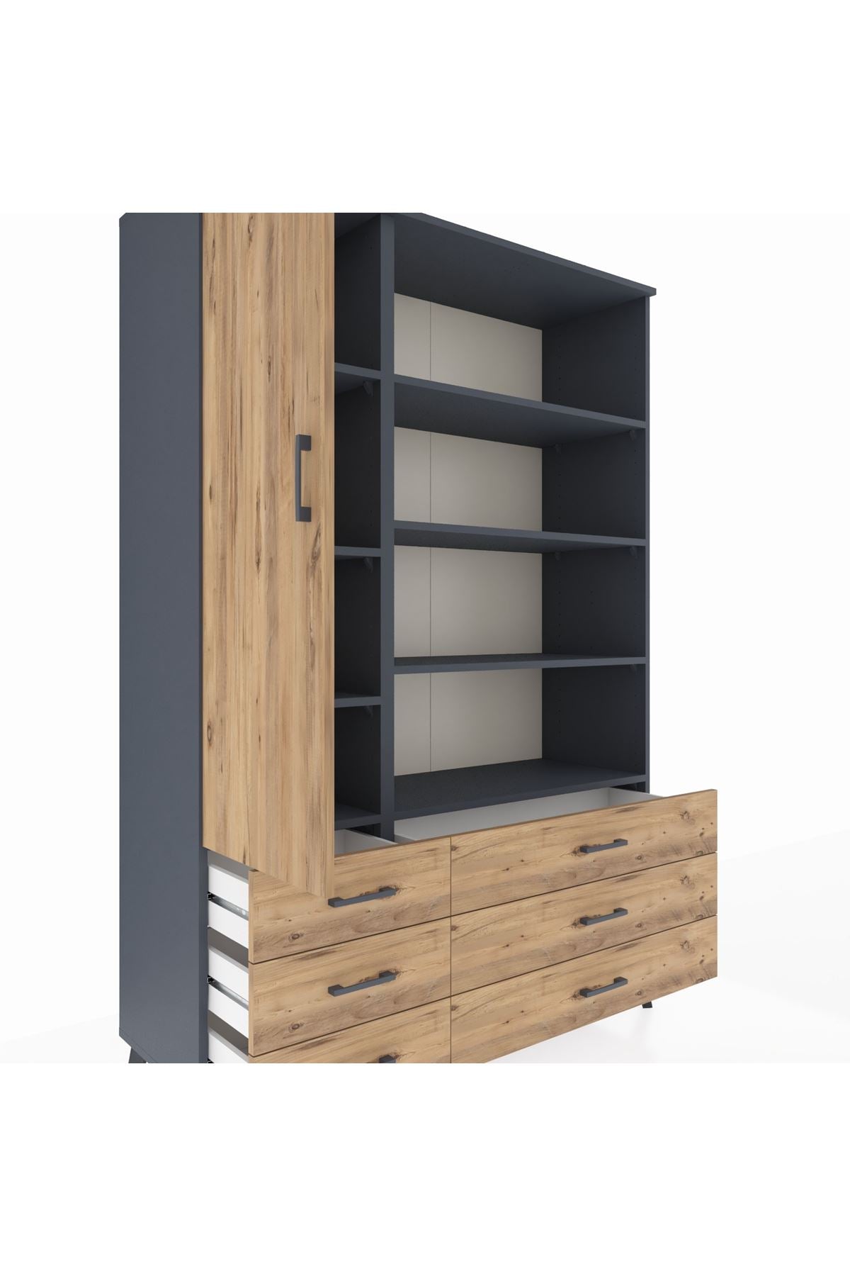 Hyperion Dolap 8 Raflı 6 Çekmeceli Tek Kapaklı  132x44x195 Antrasit-Çam/Çam