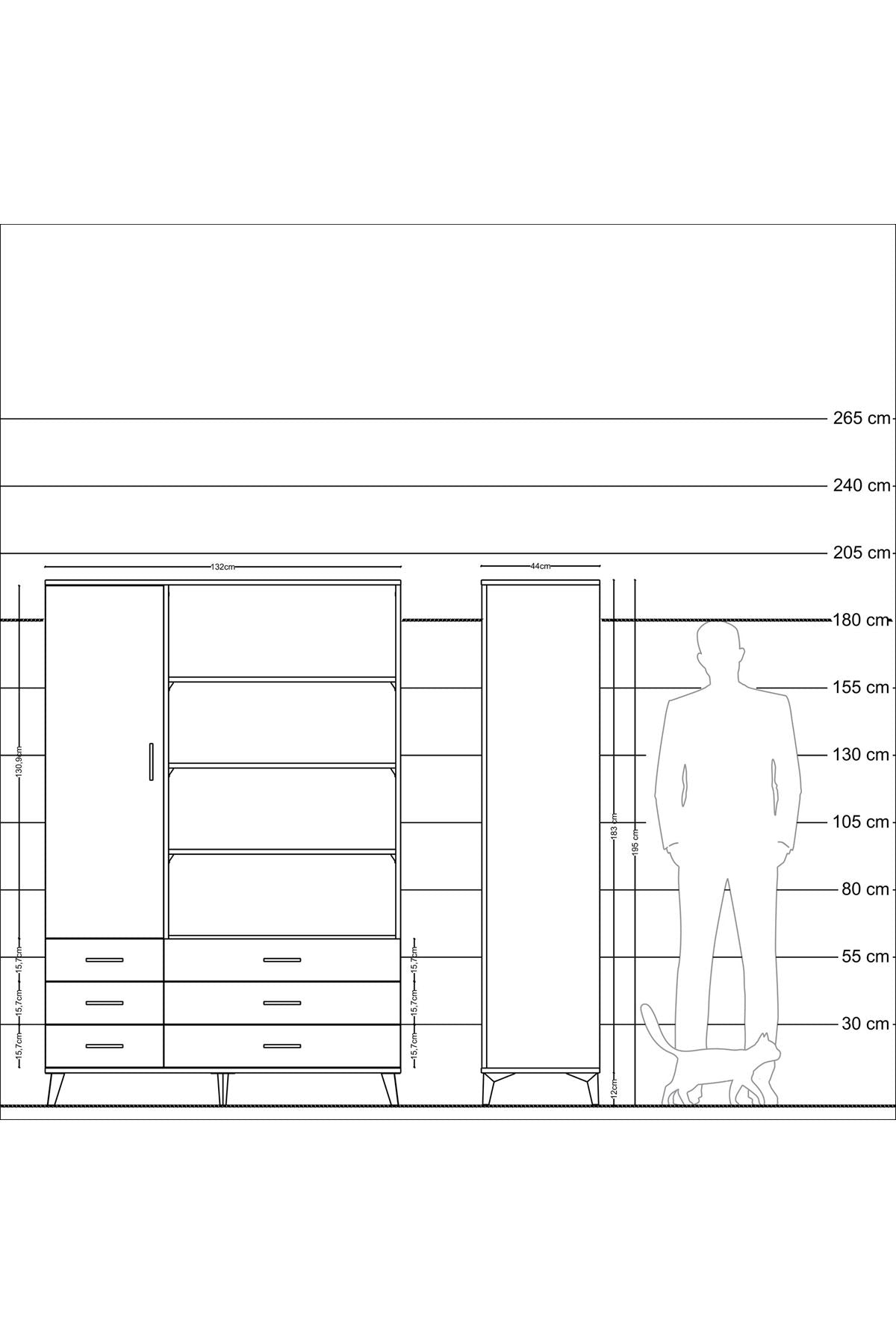Hyperion Dolap 8 Raflı 6 Çekmeceli Tek Kapaklı  132x44x195 Antrasit-Çam/Çam