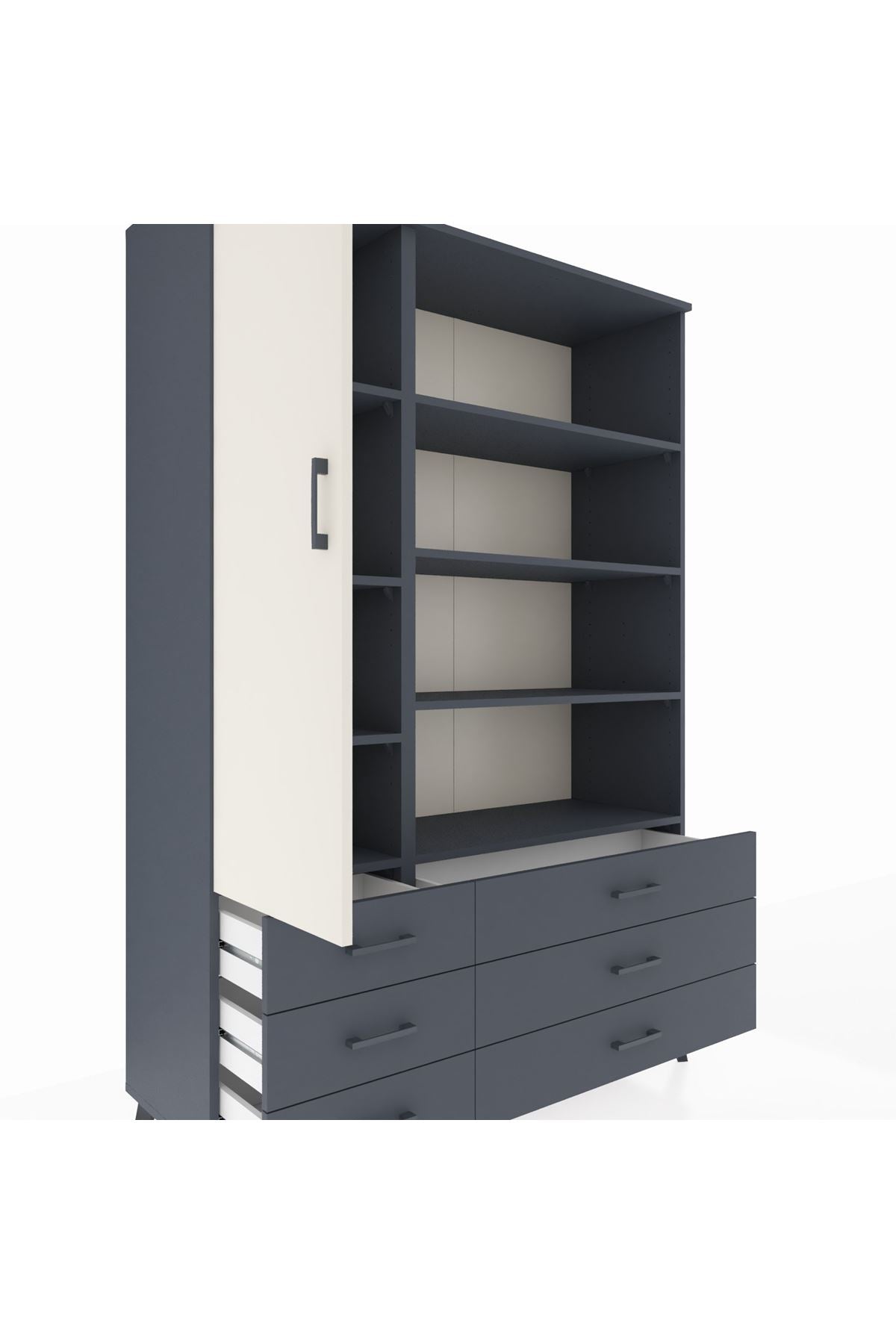 Hyperion Dolap 8 Raflı 6 Çekmeceli Tek Kapaklı  132x44x195 Antrasit-Aytaşı/Antrasit