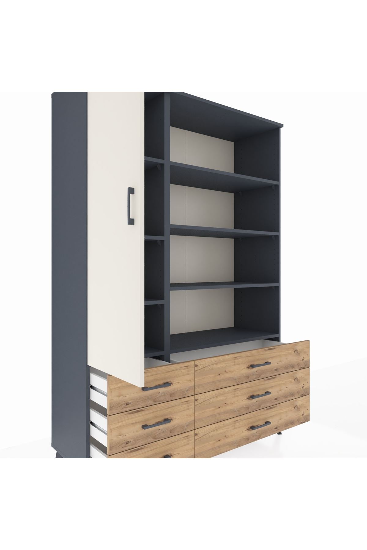 Hyperion Dolap 8 Raflı 6 Çekmeceli Tek Kapaklı  132x44x195 Antrasit-Aytaşı/Çam