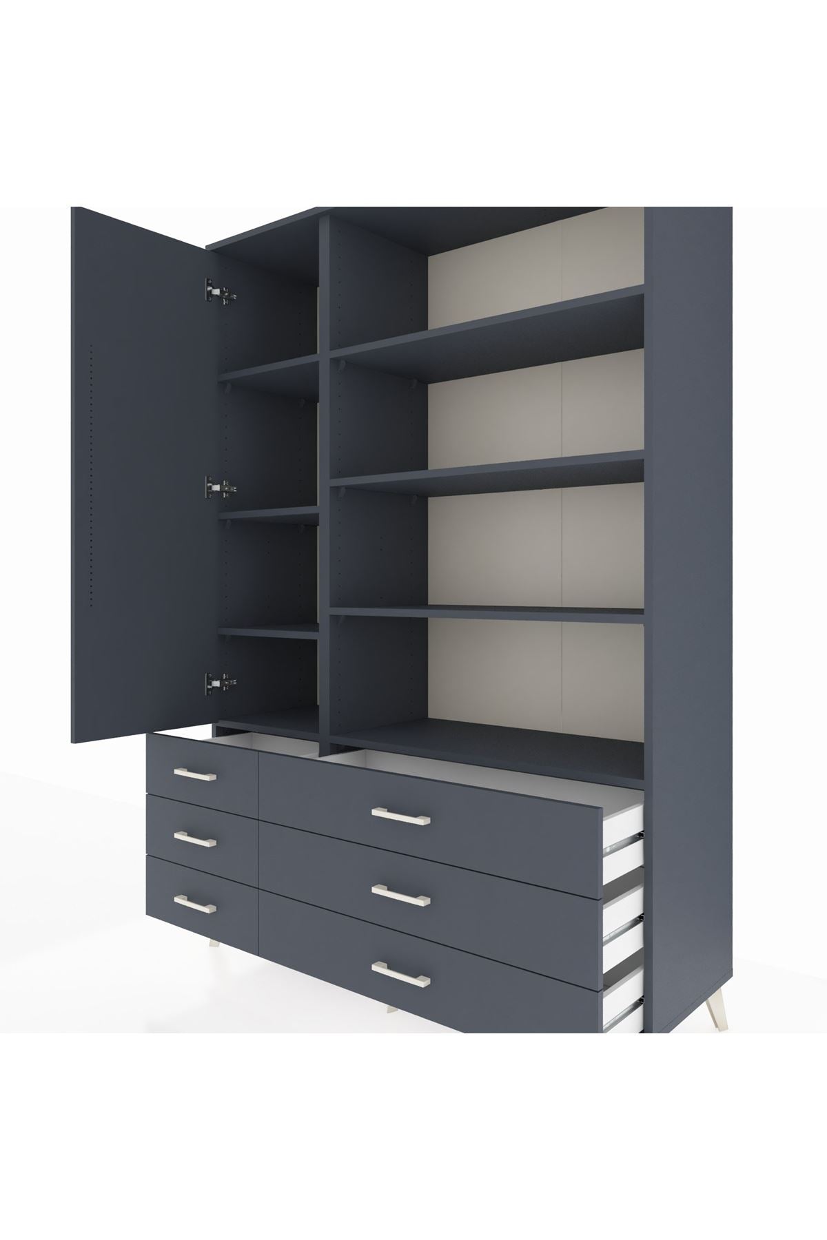 Hyperion Dolap 8 Raflı 6 Çekmeceli Tek Kapaklı  132x44x195 Antrasit-Antrasit/Antrasit