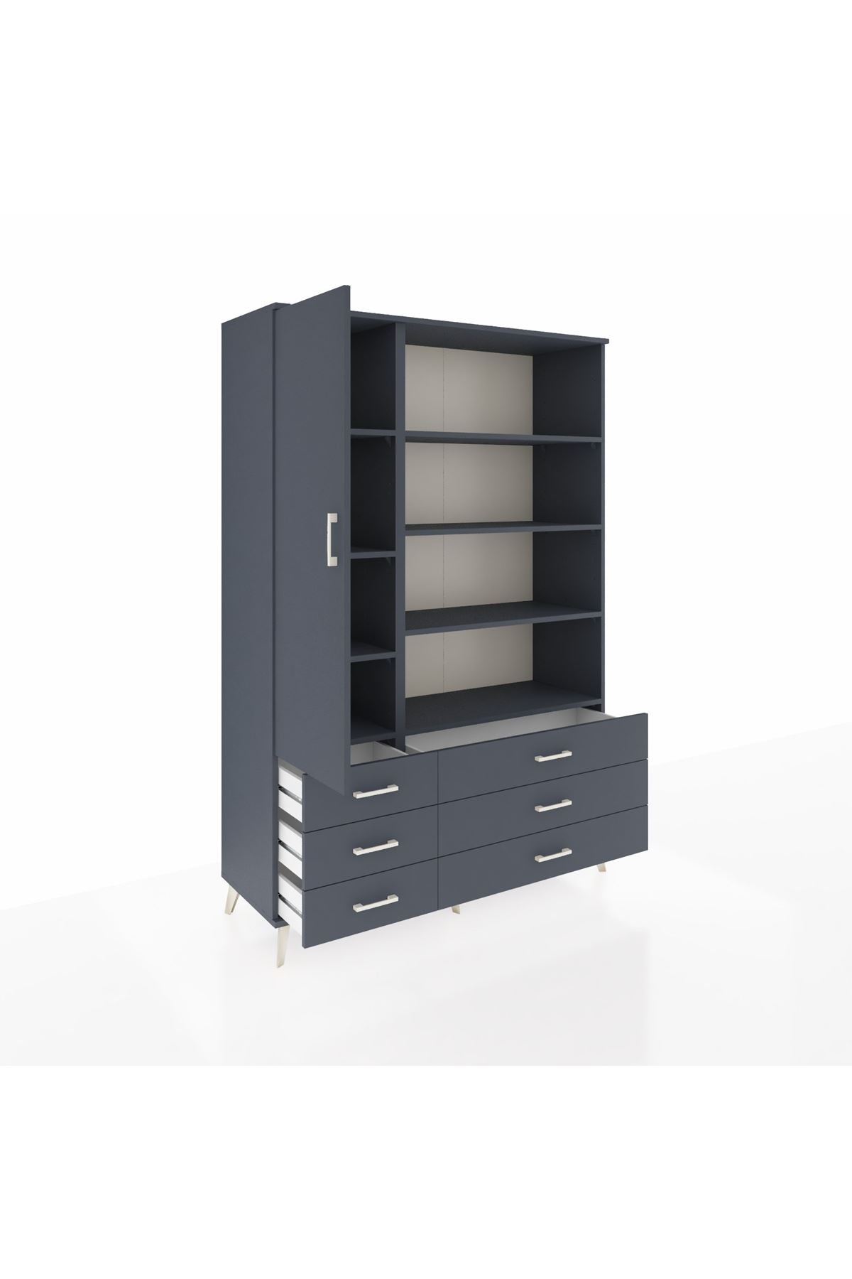 Hyperion Dolap 8 Raflı 6 Çekmeceli Tek Kapaklı  132x44x195 Antrasit-Antrasit/Antrasit