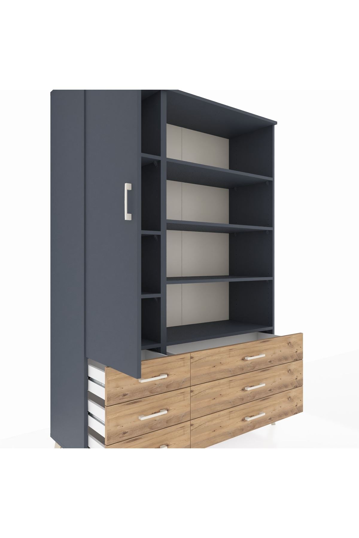 Hyperion Dolap 8 Raflı 6 Çekmeceli Tek Kapaklı  132x44x195 Antrasit-Antrasit/Çam