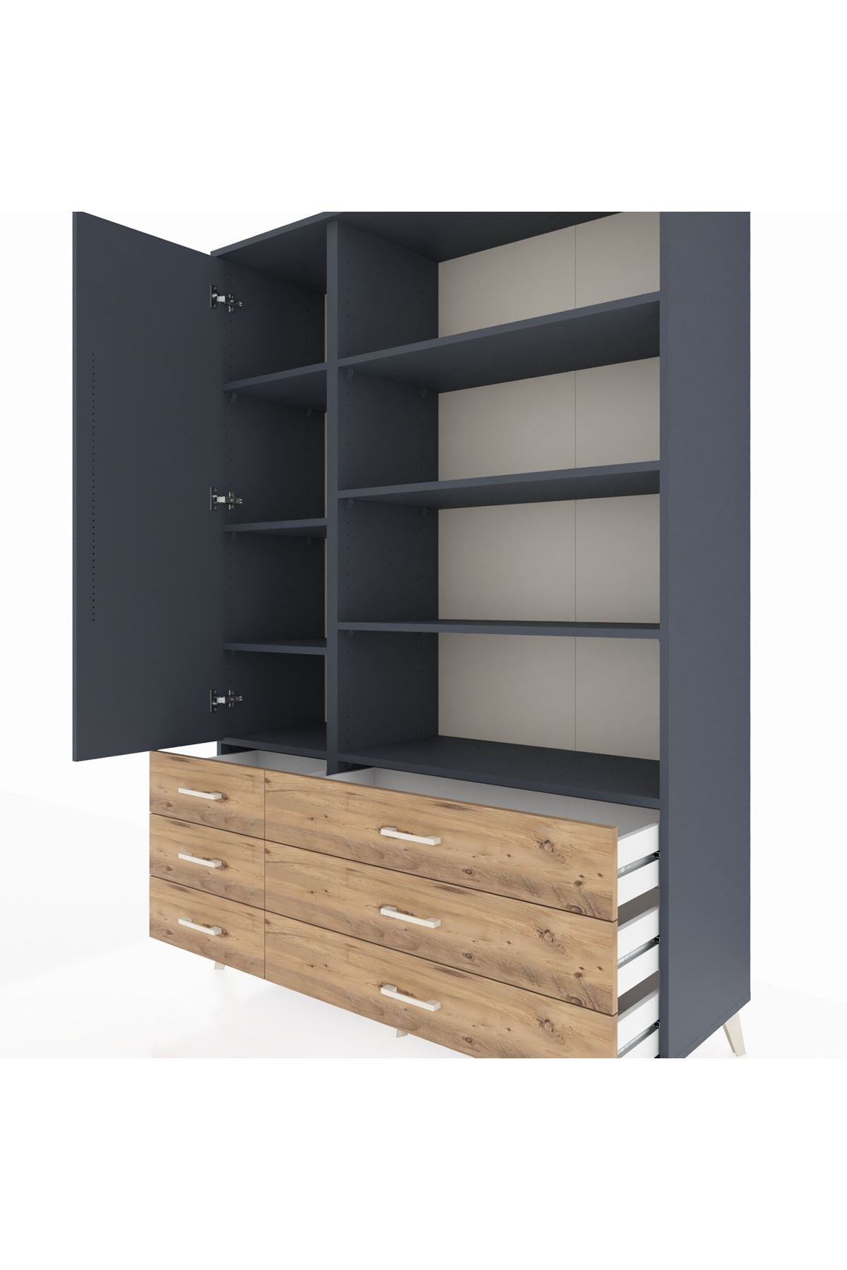 Hyperion Dolap 8 Raflı 6 Çekmeceli Tek Kapaklı  132x44x195 Antrasit-Antrasit/Çam