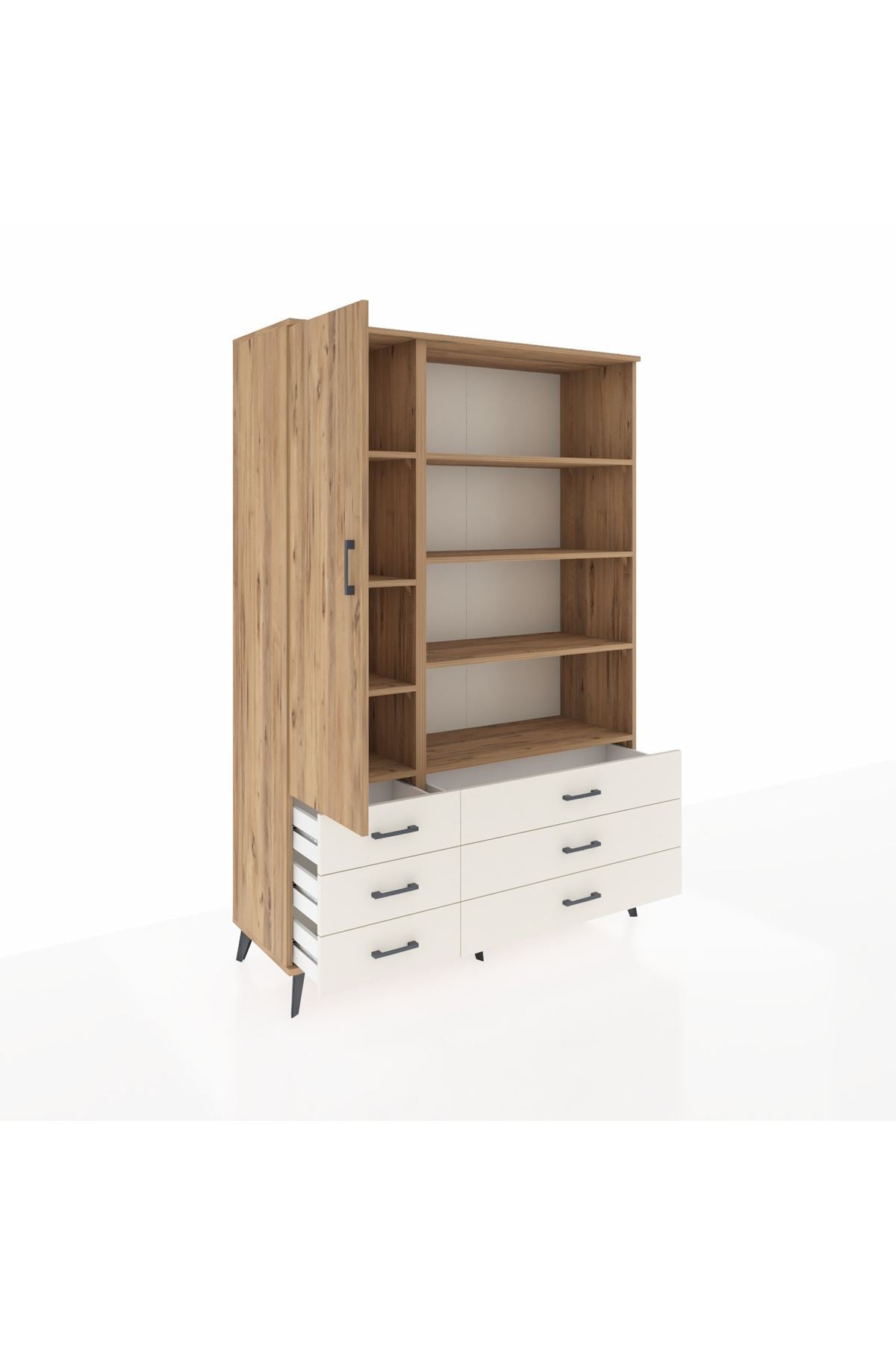 Hyperion Dolap 8 Raflı 6 Çekmeceli Tek Kapaklı  132x44x195 Çam-Çam/Aytaşı