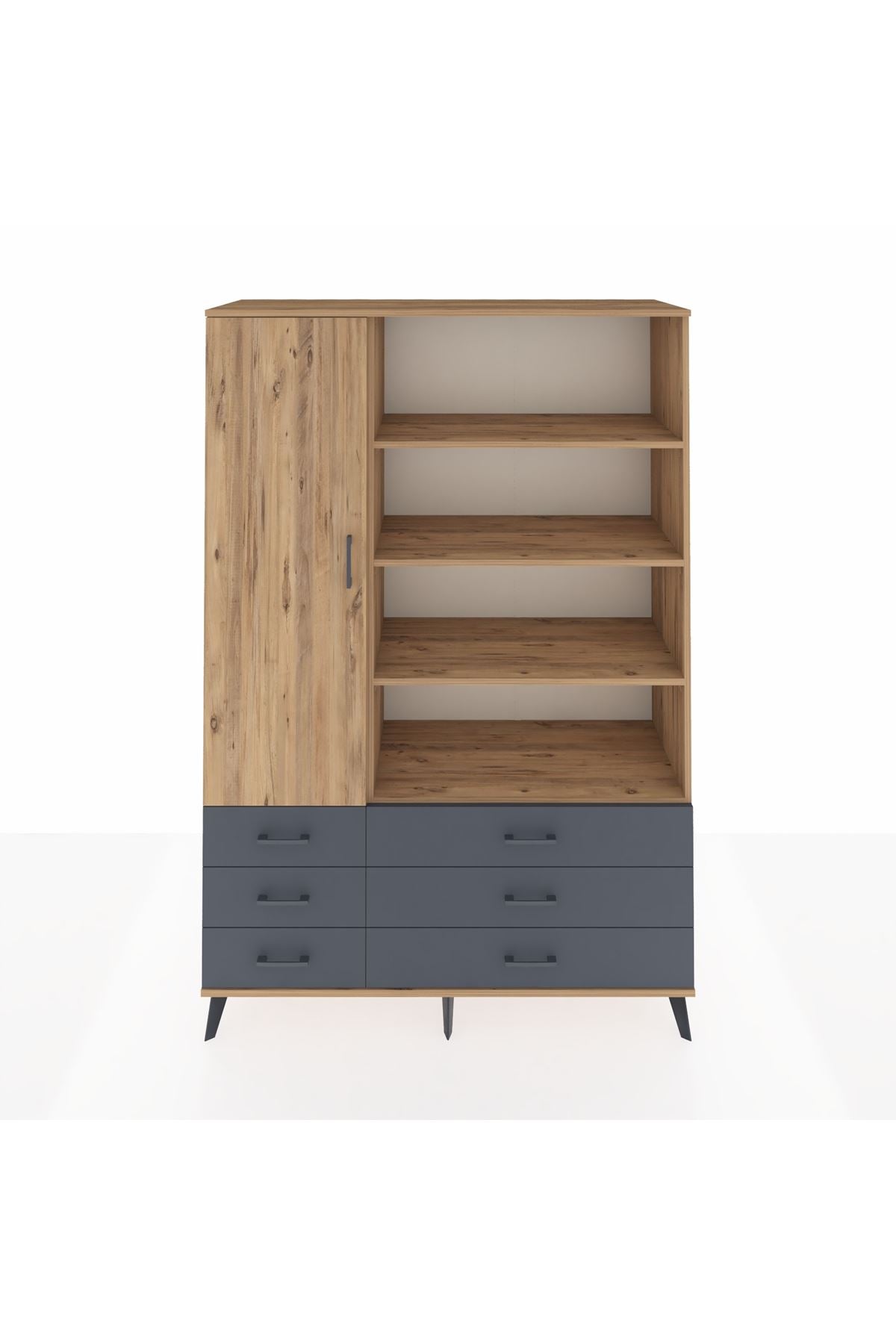 Hyperion Dolap 8 Raflı 6 Çekmeceli Tek Kapaklı  132x44x195 Çam-Çam/Antrasit