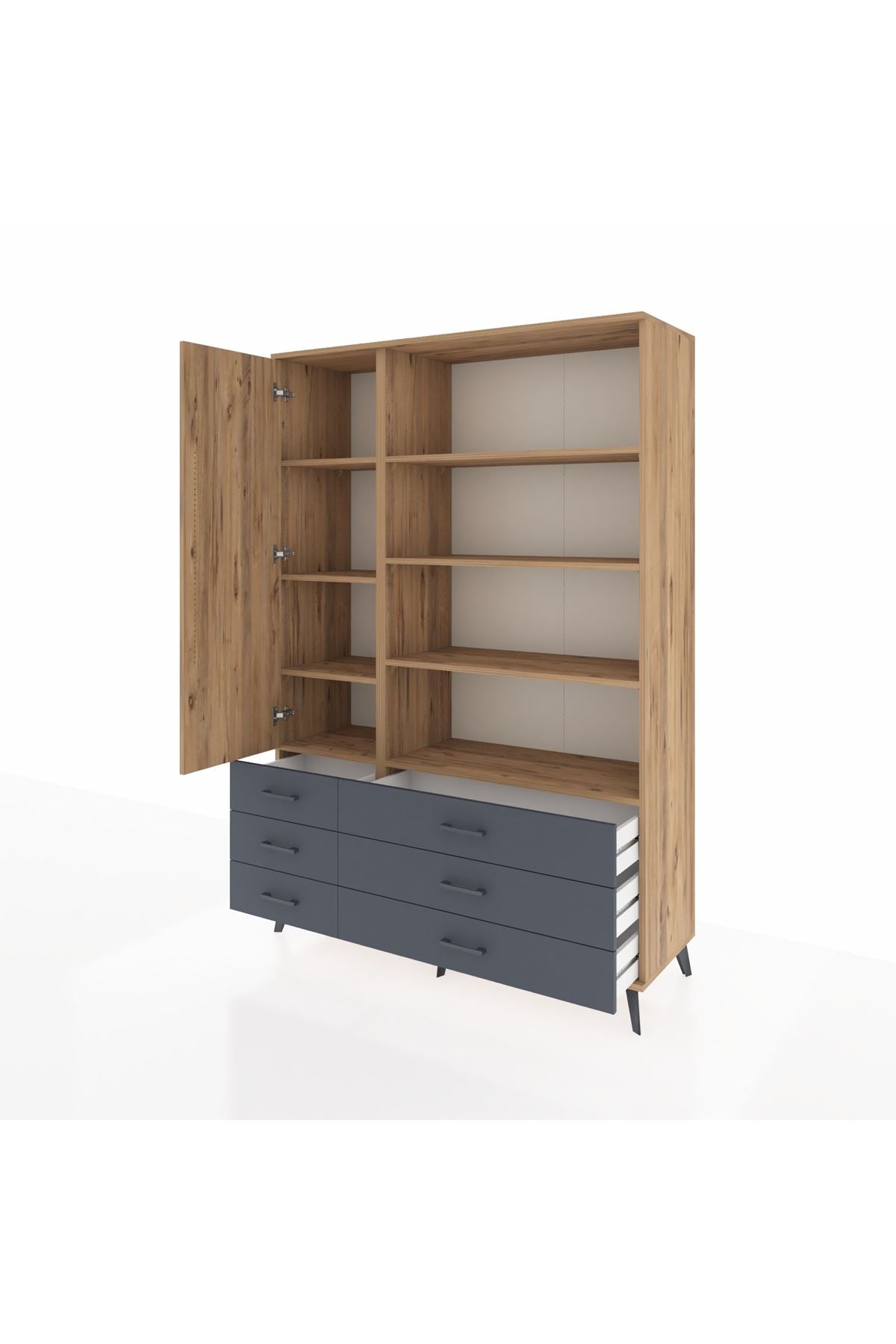 Hyperion Dolap 8 Raflı 6 Çekmeceli Tek Kapaklı  132x44x195 Çam-Çam/Antrasit