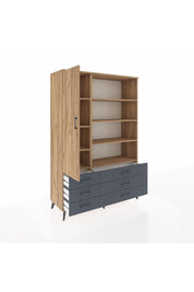 Hyperion Dolap 8 Raflı 6 Çekmeceli Tek Kapaklı  132x44x195 Çam-Çam/Antrasit