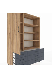 Hyperion Dolap 8 Raflı 6 Çekmeceli Tek Kapaklı  132x44x195 Çam-Çam/Antrasit