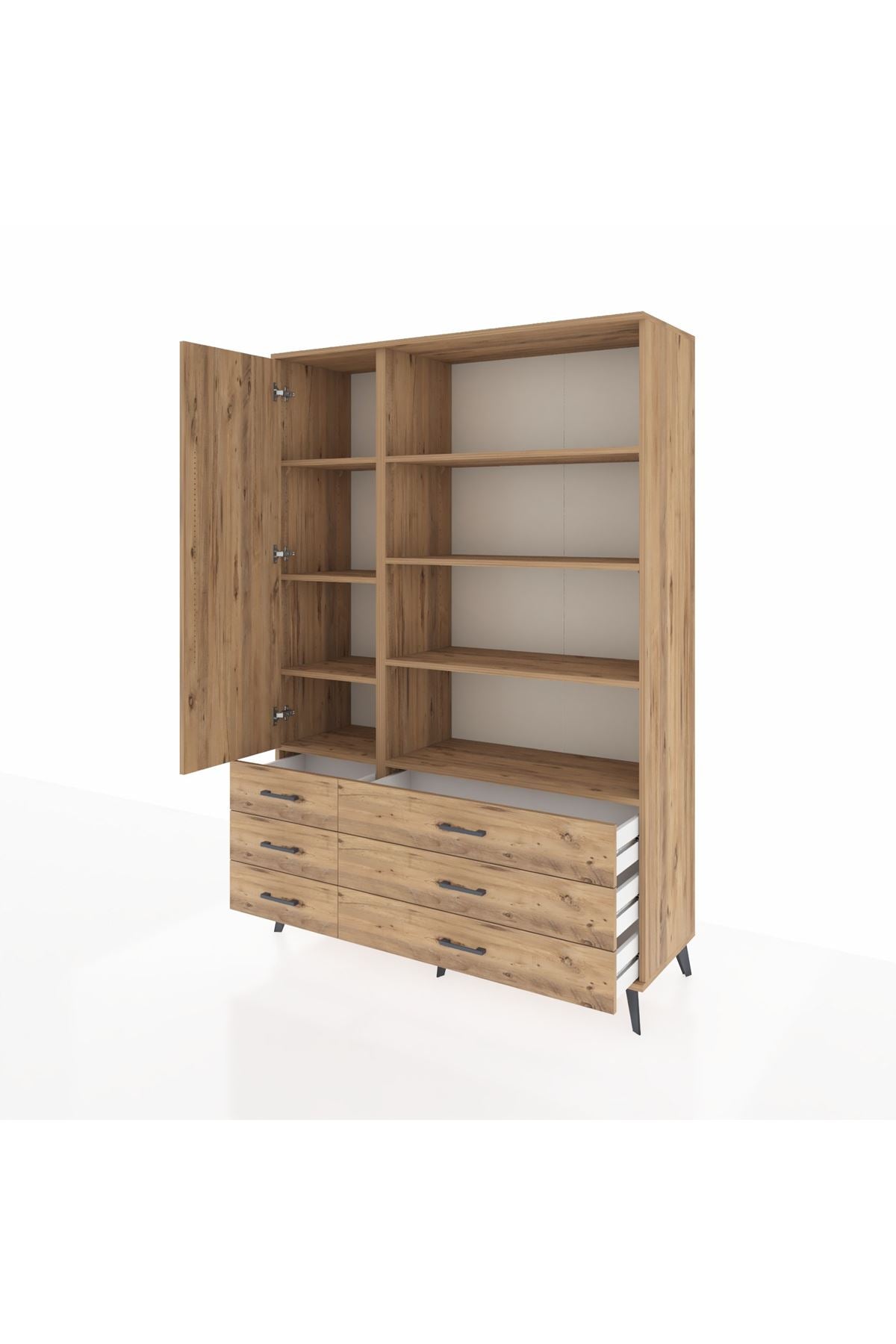 Hyperion Dolap 8 Raflı 6 Çekmeceli Tek Kapaklı  132x44x195 Çam-Çam/Çam