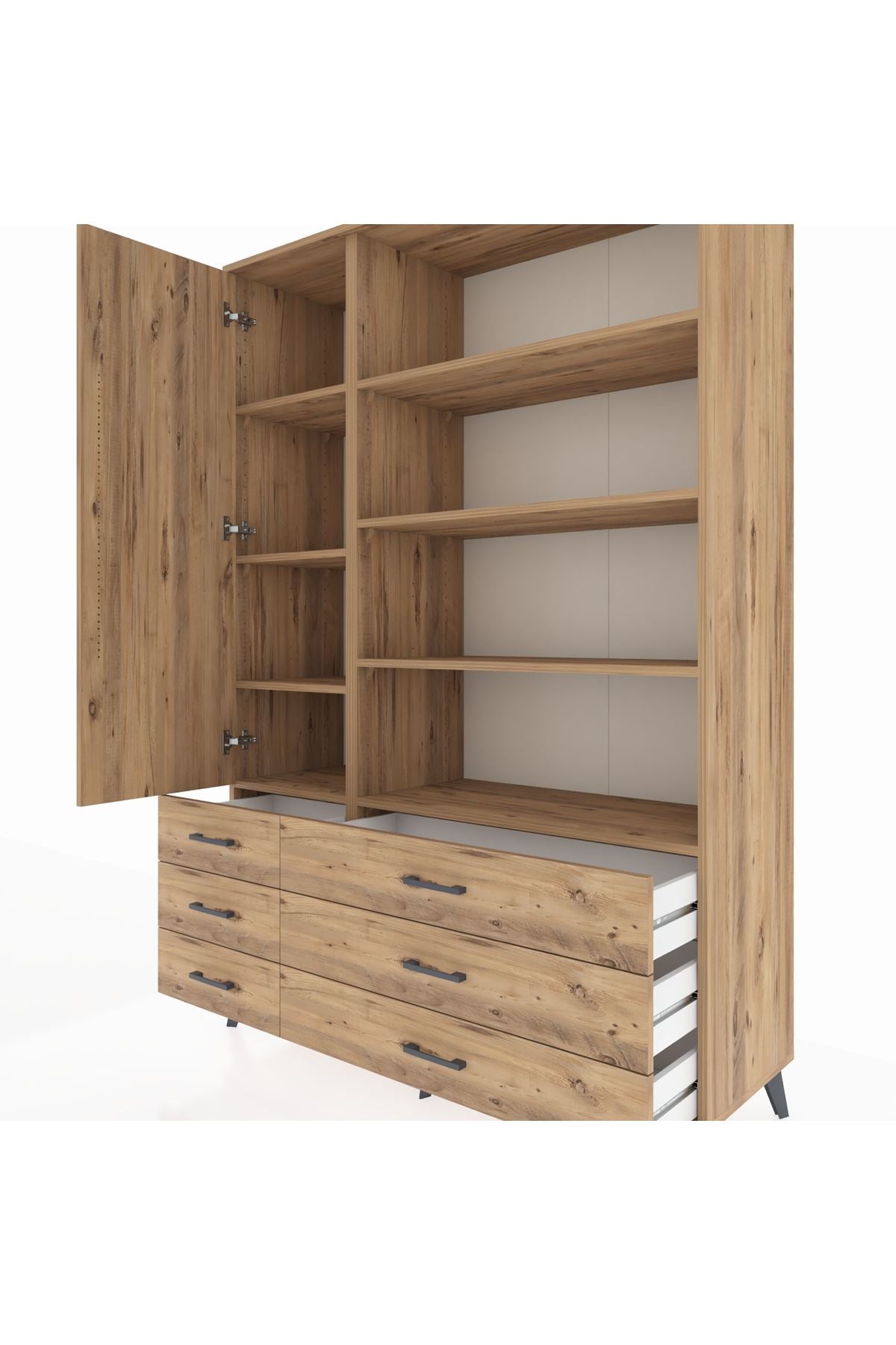 Hyperion Dolap 8 Raflı 6 Çekmeceli Tek Kapaklı  132x44x195 Çam-Çam/Çam