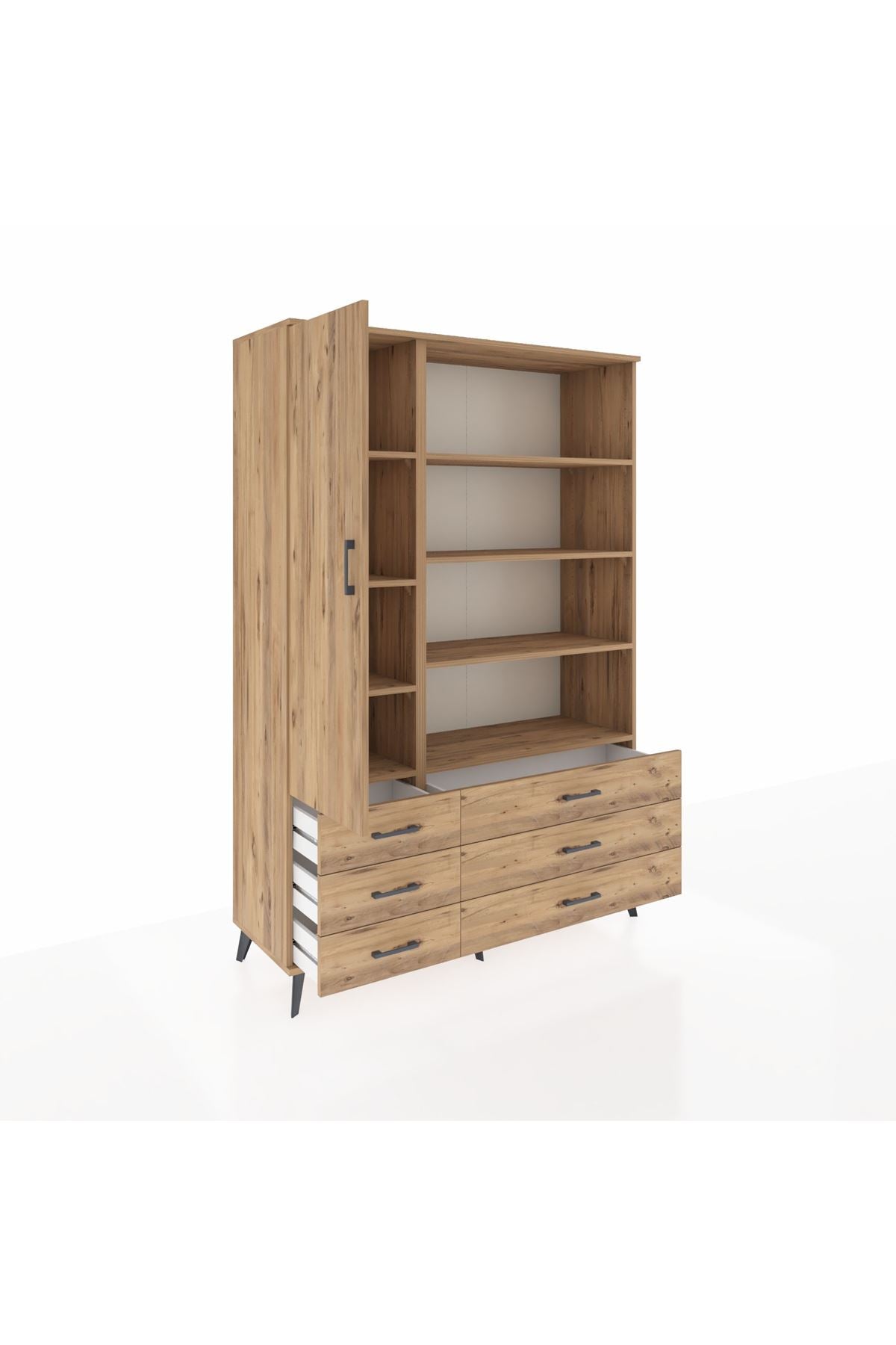 Hyperion Dolap 8 Raflı 6 Çekmeceli Tek Kapaklı  132x44x195 Çam-Çam/Çam