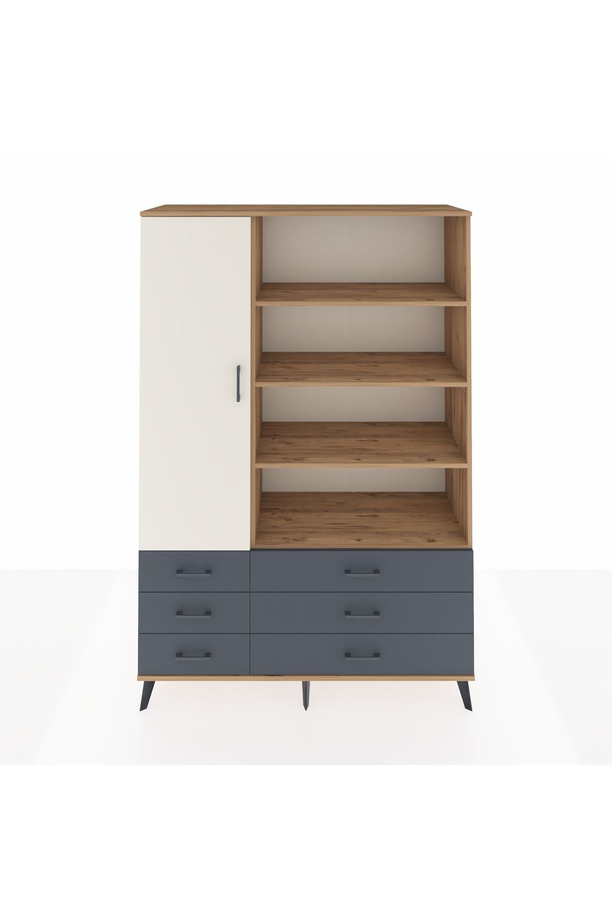 Hyperion Dolap 8 Raflı 6 Çekmeceli Tek Kapaklı  132x44x195 Çam-Aytaşı/Antrasit