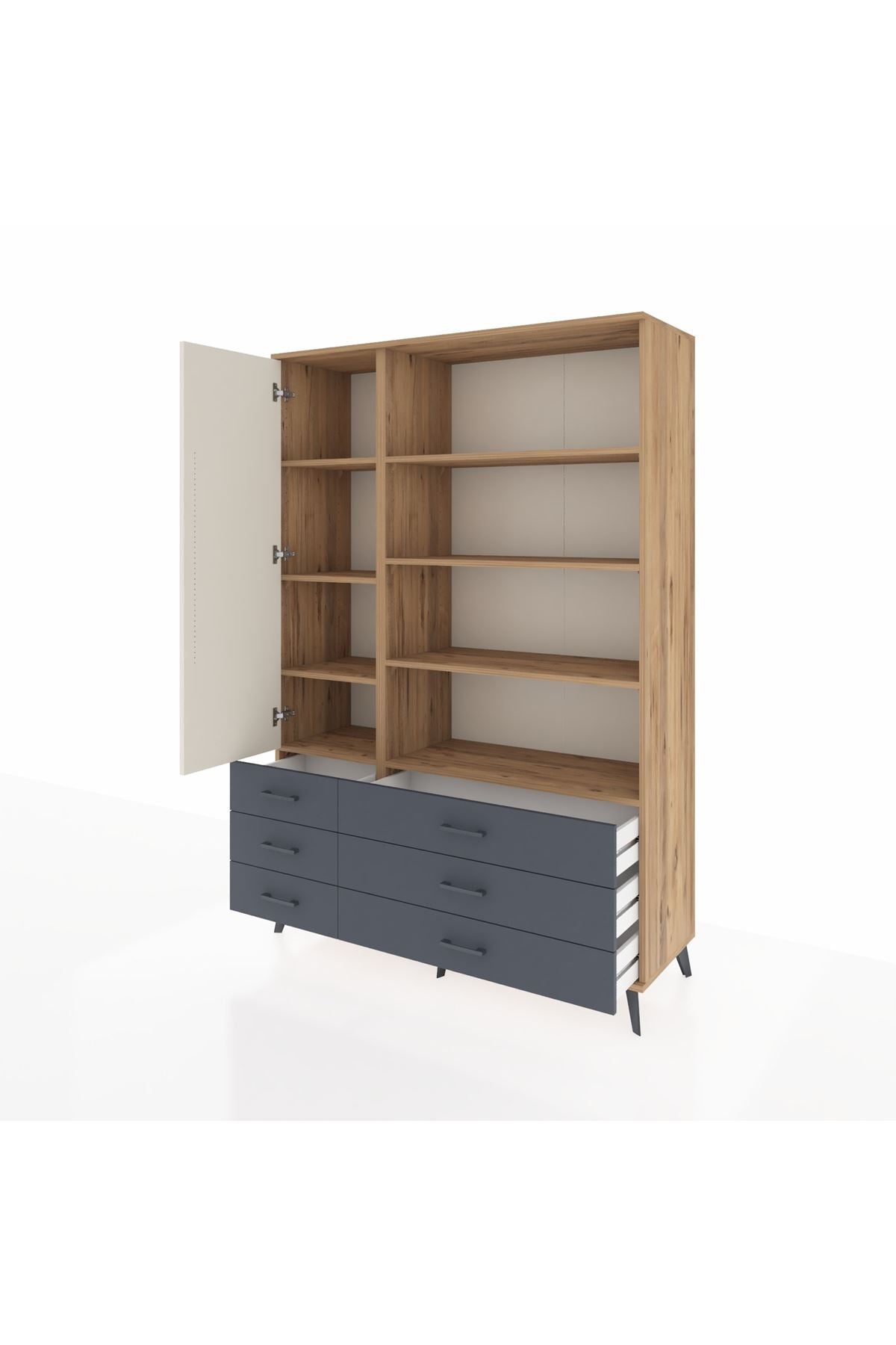 Hyperion Dolap 8 Raflı 6 Çekmeceli Tek Kapaklı  132x44x195 Çam-Aytaşı/Antrasit