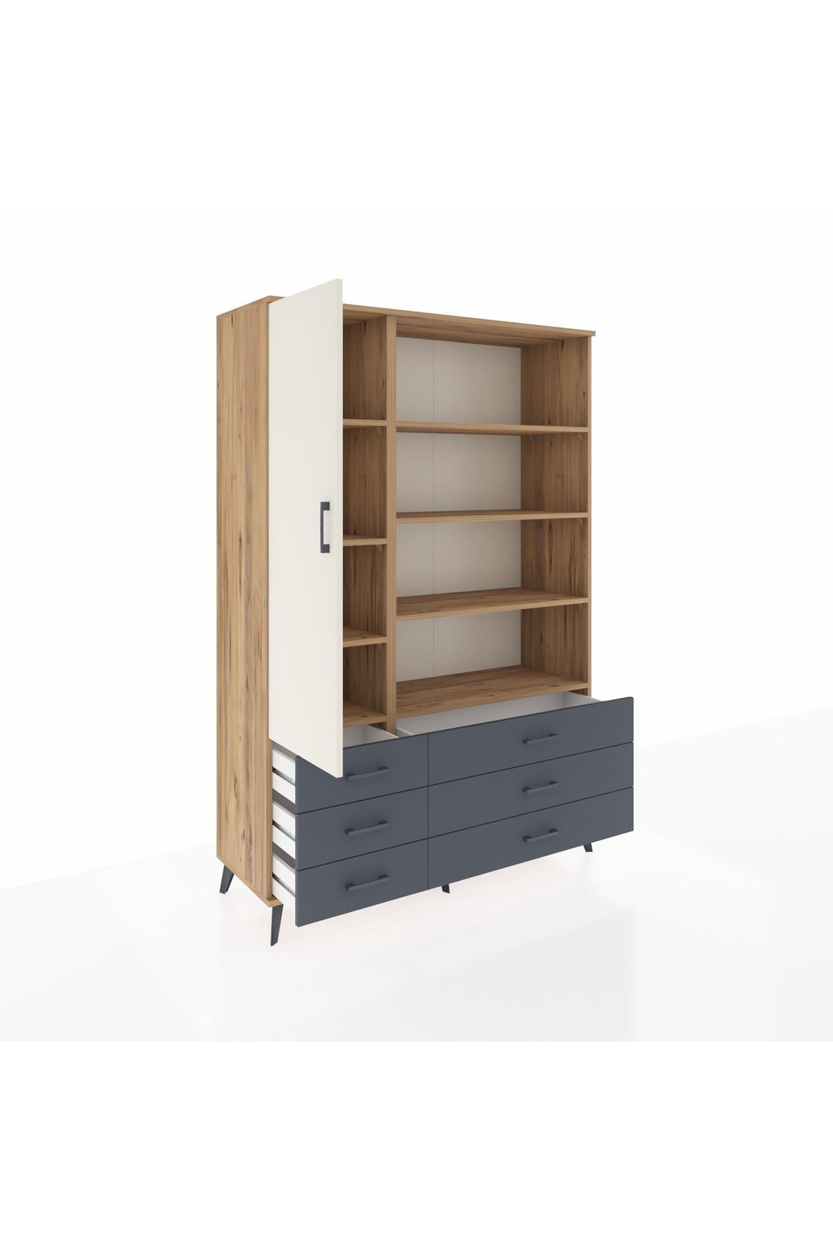 Hyperion Dolap 8 Raflı 6 Çekmeceli Tek Kapaklı  132x44x195 Çam-Aytaşı/Antrasit