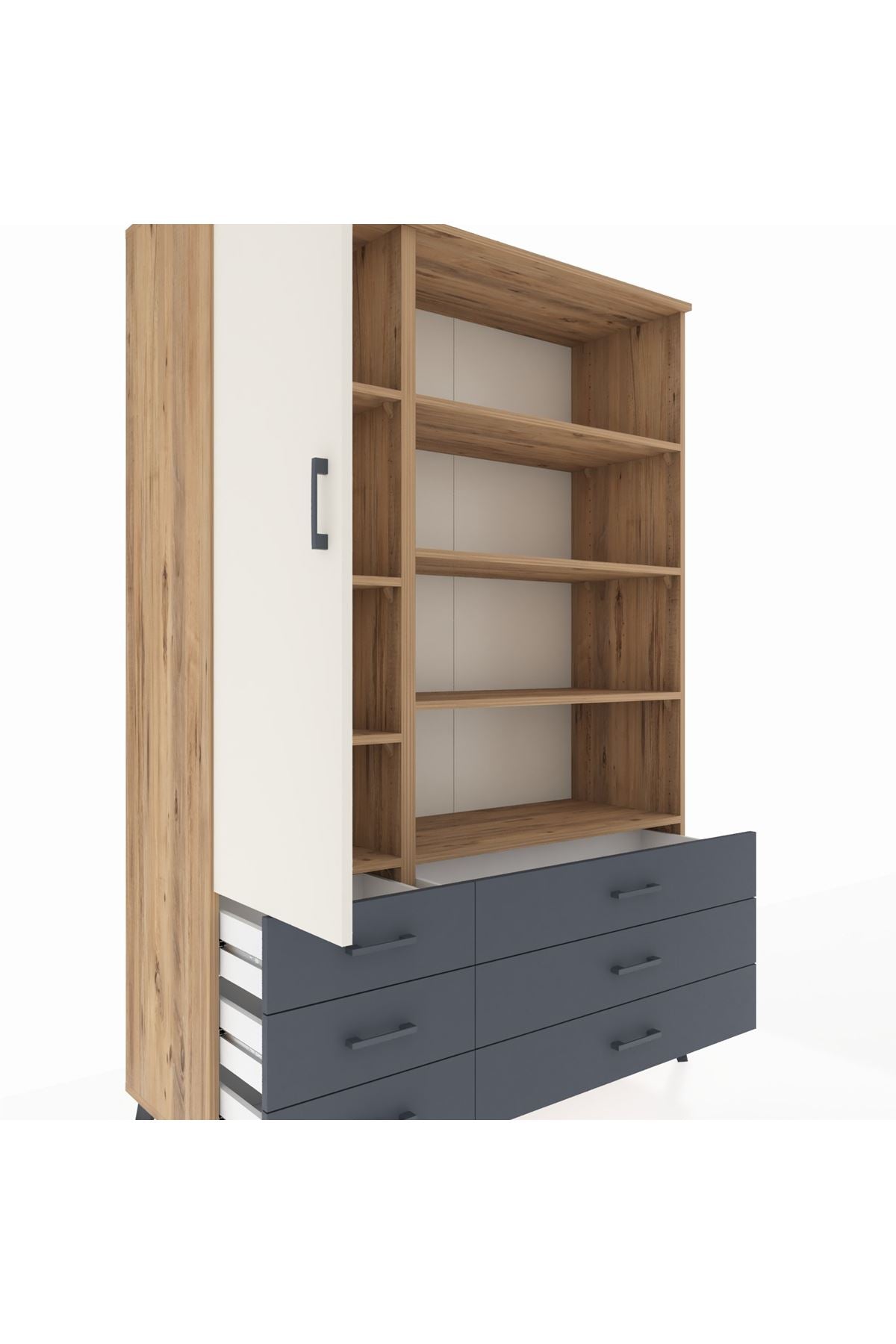 Hyperion Dolap 8 Raflı 6 Çekmeceli Tek Kapaklı  132x44x195 Çam-Aytaşı/Antrasit