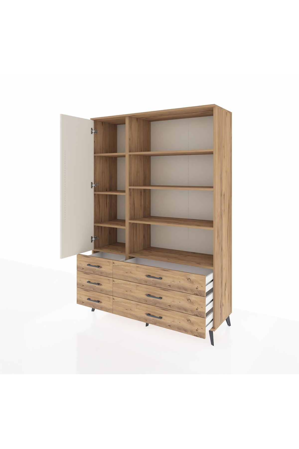 Hyperion Dolap 8 Raflı 6 Çekmeceli Tek Kapaklı  132x44x195 Çam-Aytaşı/Çam