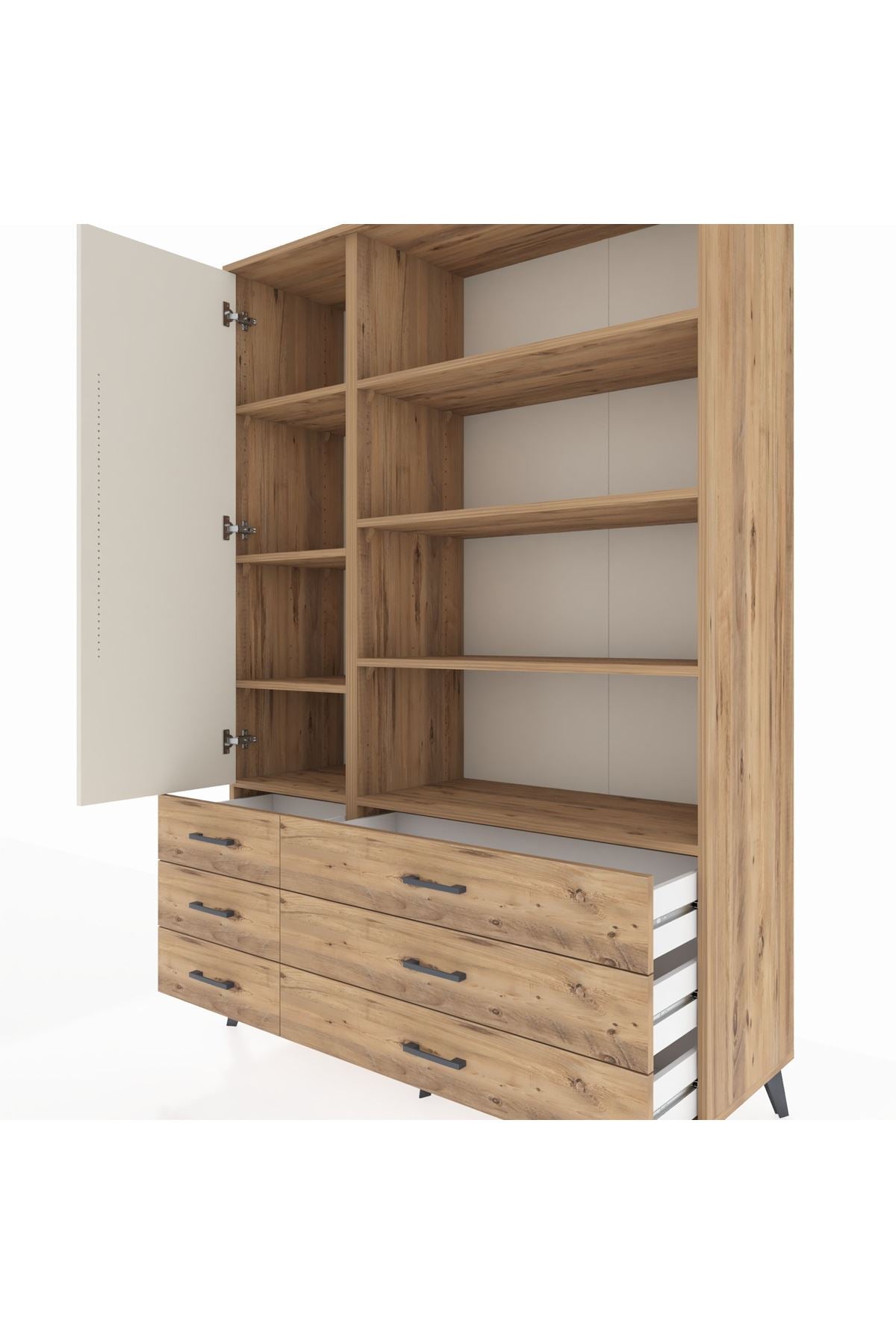 Hyperion Dolap 8 Raflı 6 Çekmeceli Tek Kapaklı  132x44x195 Çam-Aytaşı/Çam