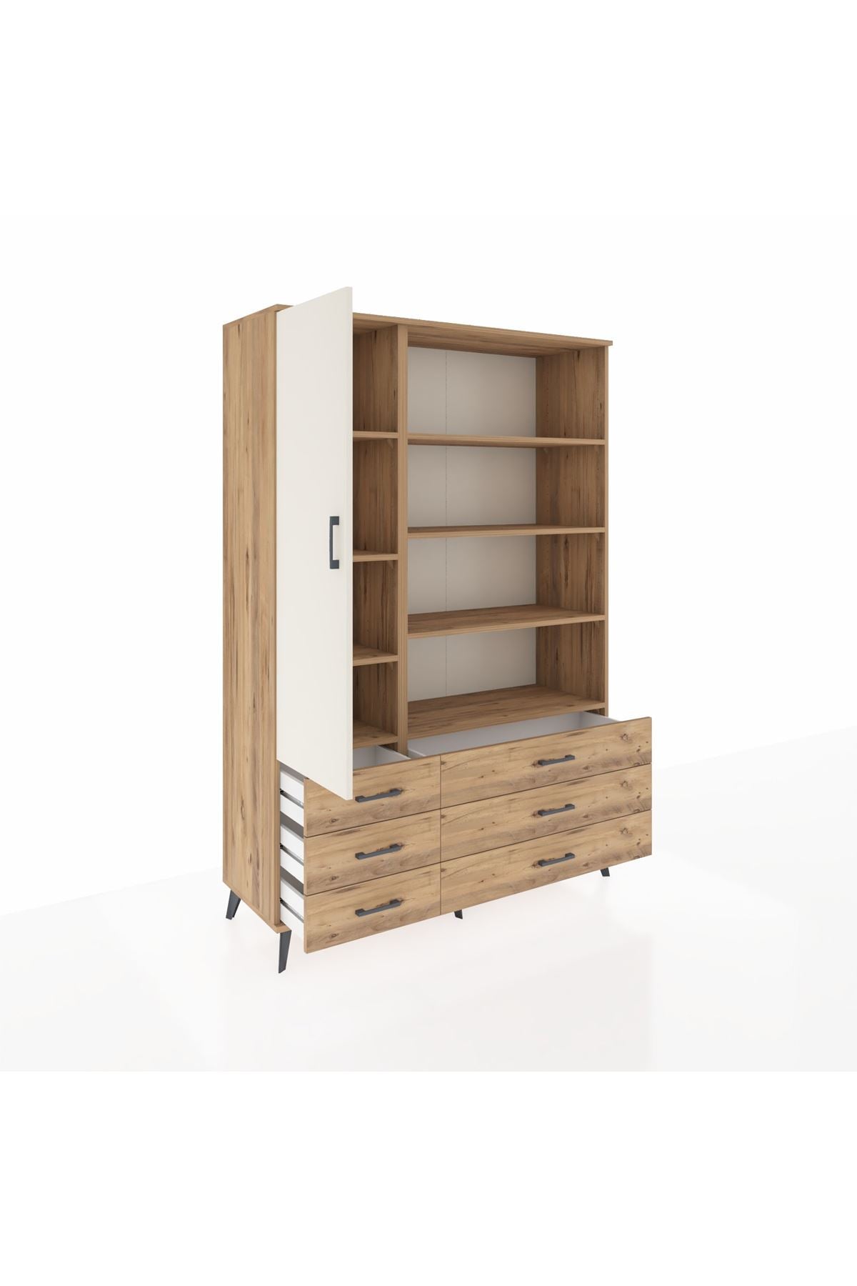 Hyperion Dolap 8 Raflı 6 Çekmeceli Tek Kapaklı  132x44x195 Çam-Aytaşı/Çam