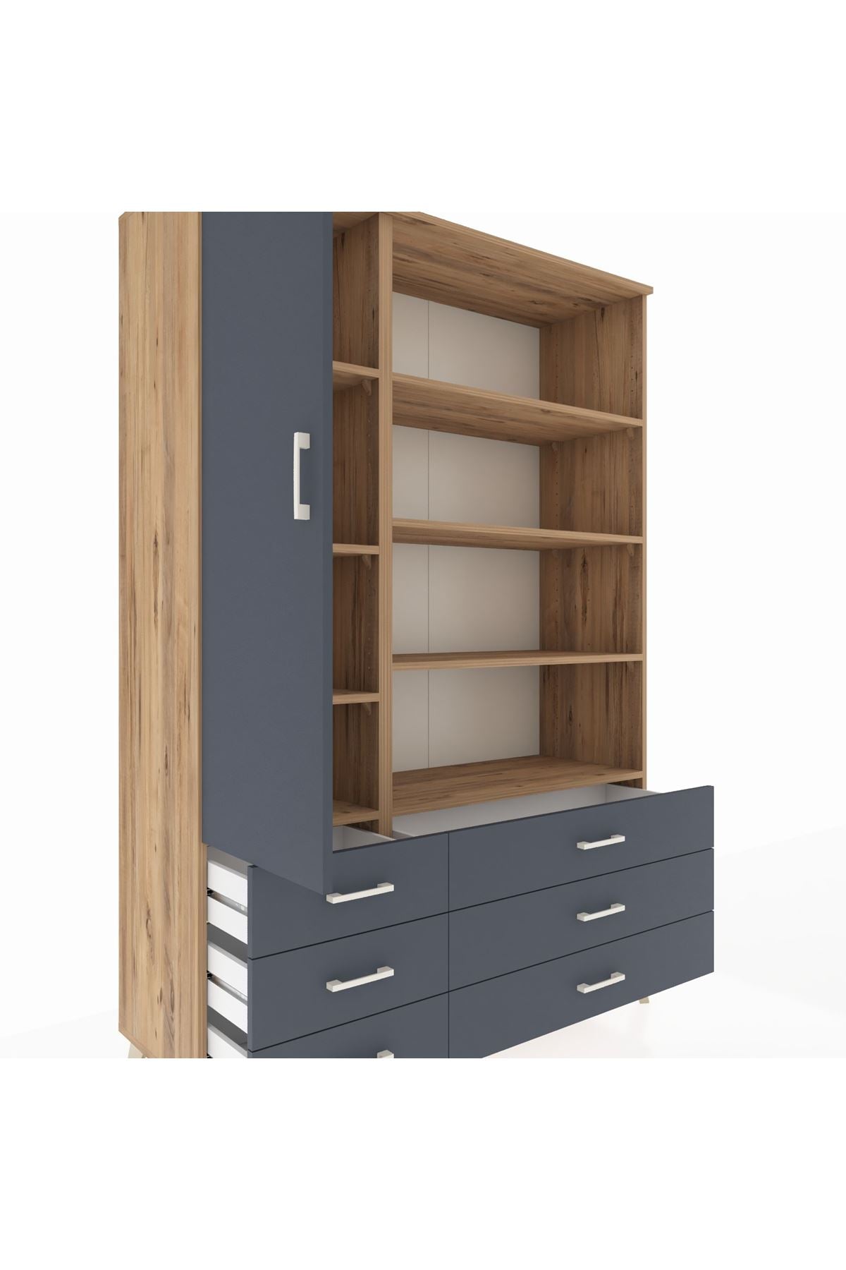 Hyperion Dolap 8 Raflı 6 Çekmeceli Tek Kapaklı  132x44x195 Çam-Antrasit/Antrasit