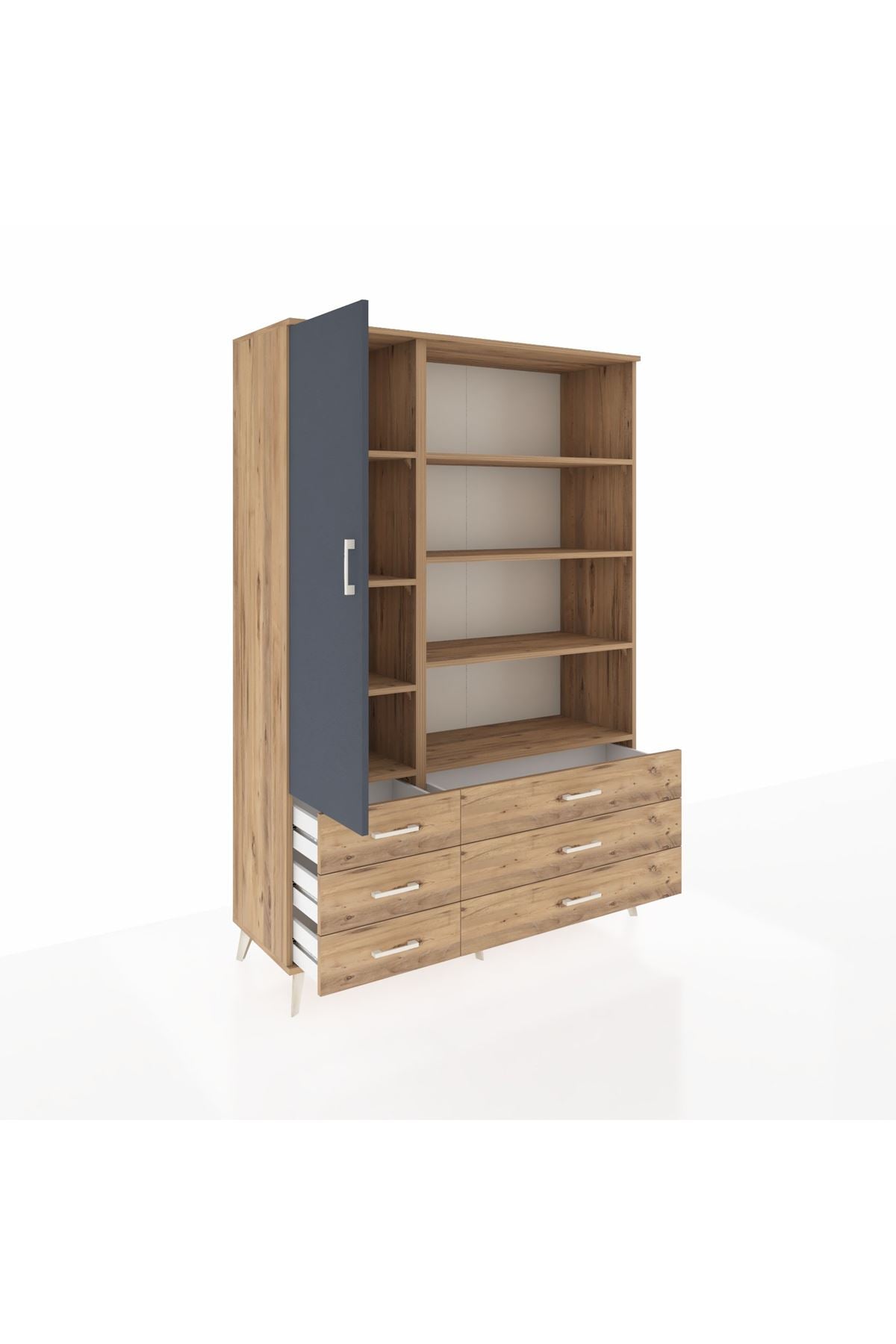 Hyperion Dolap 8 Raflı 6 Çekmeceli Tek Kapaklı  132x44x195 Çam-Antrasit/Çam