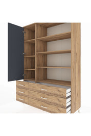 Hyperion Dolap 8 Raflı 6 Çekmeceli Tek Kapaklı  132x44x195 Çam-Antrasit/Çam