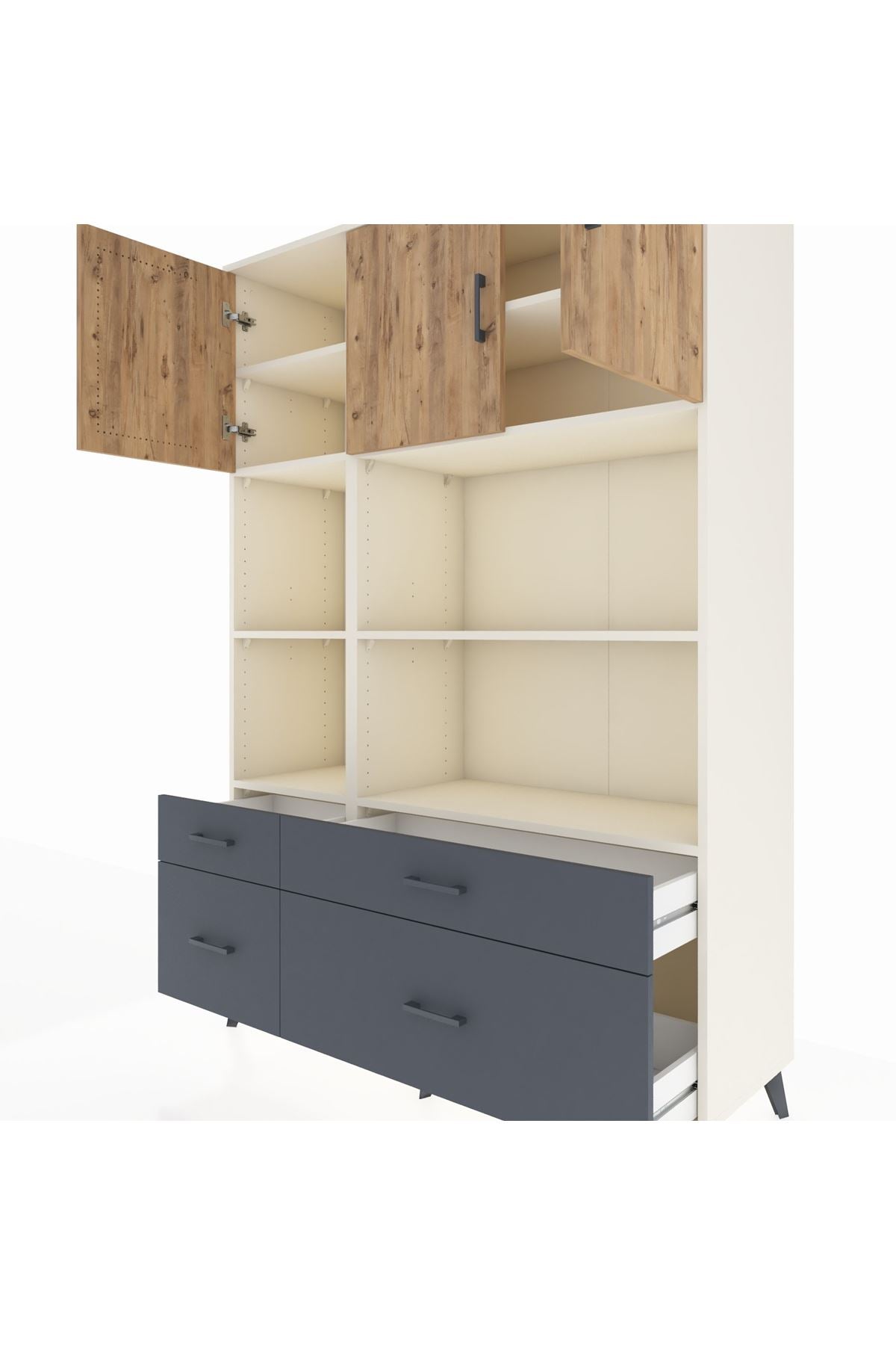 Hyperion Dolap 8 Raflı 4 Çekmeceli 3 Kapaklı 132x44x195 Aytaşı-Çam/Antrasit