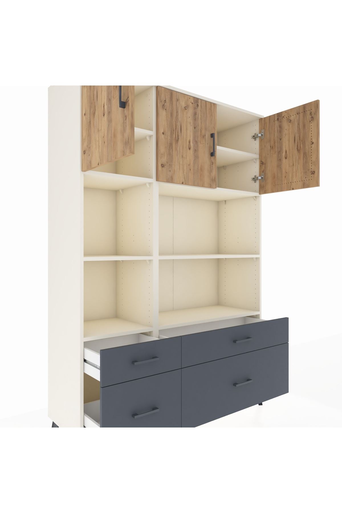 Hyperion Dolap 8 Raflı 4 Çekmeceli 3 Kapaklı 132x44x195 Aytaşı-Çam/Antrasit