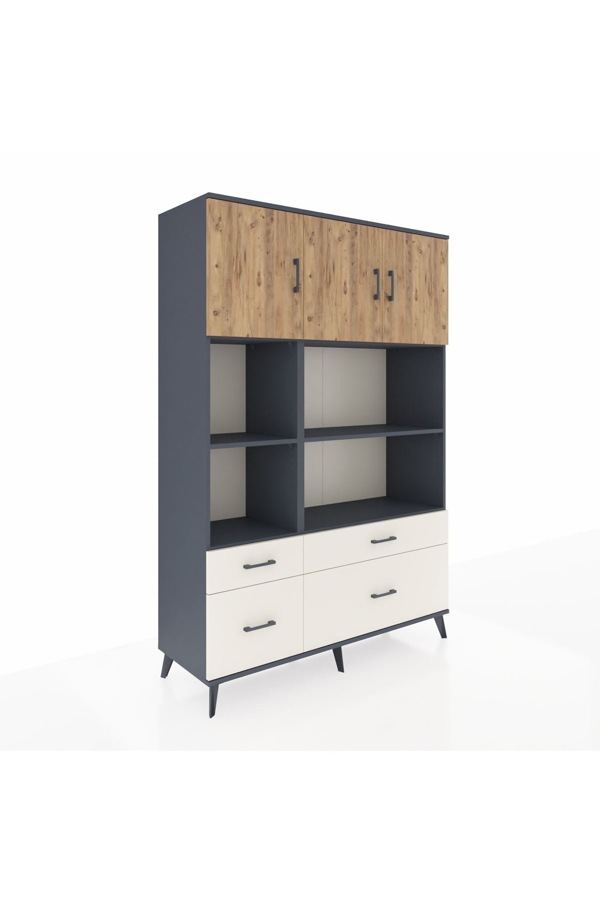Hyperion Dolap 8 Raflı 4 Çekmeceli 3 Kapaklı 132x44x195 Antrasit-Çam/Aytaşı