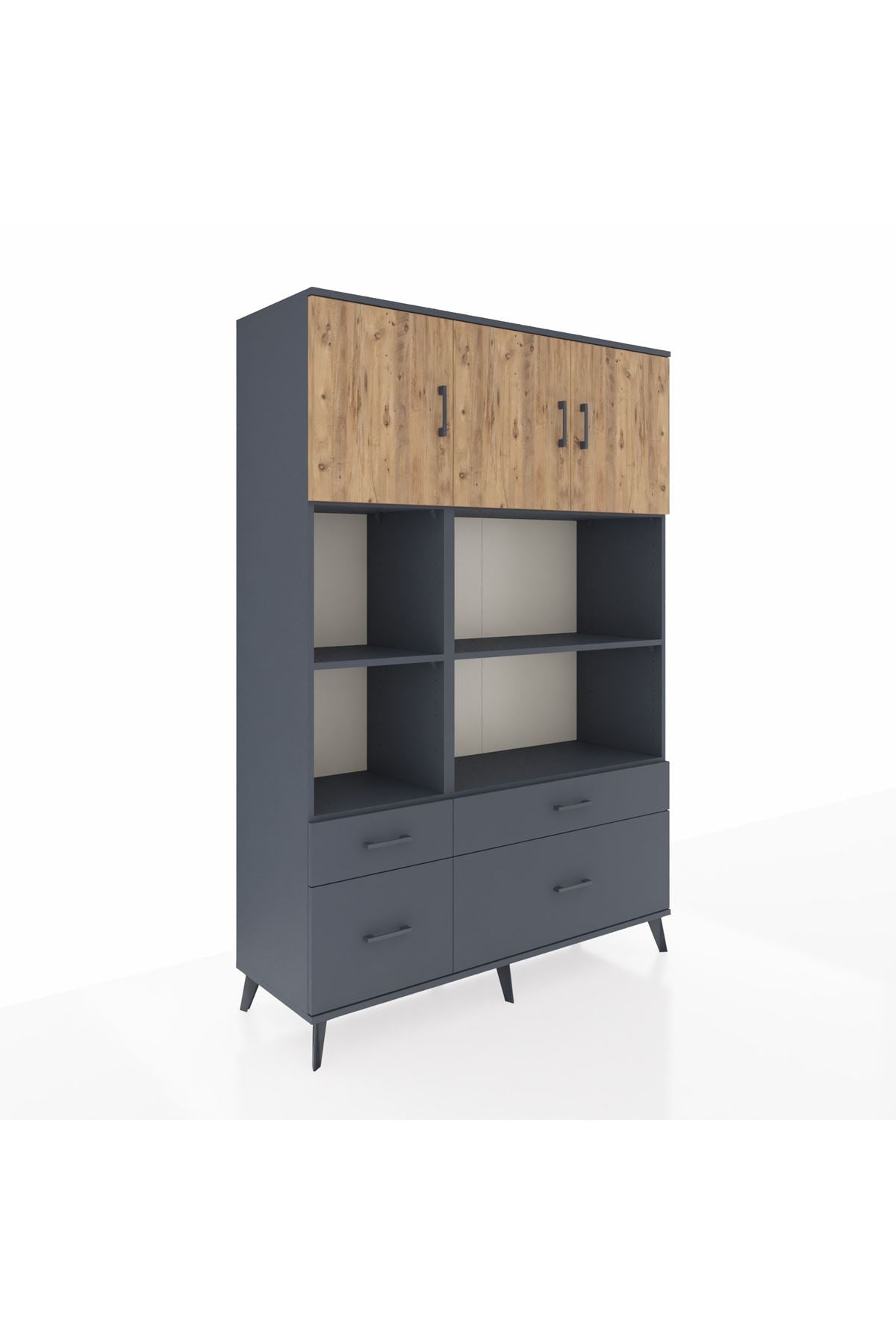 Hyperion Dolap 8 Raflı 4 Çekmeceli 3 Kapaklı 132x44x195 Antrasit-Çam/Antrasit