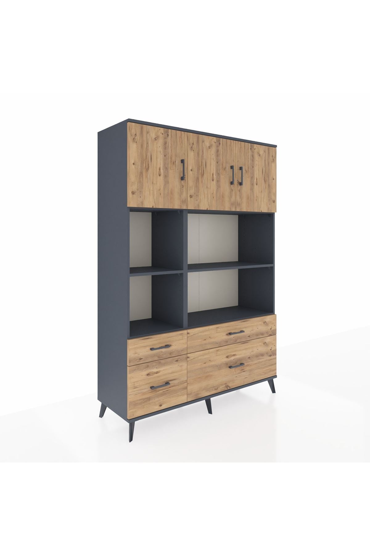 Hyperion Dolap 8 Raflı 4 Çekmeceli 3 Kapaklı 132x44x195 Antrasit-Çam/Çam