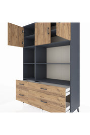 Hyperion Dolap 8 Raflı 4 Çekmeceli 3 Kapaklı 132x44x195 Antrasit-Çam/Çam