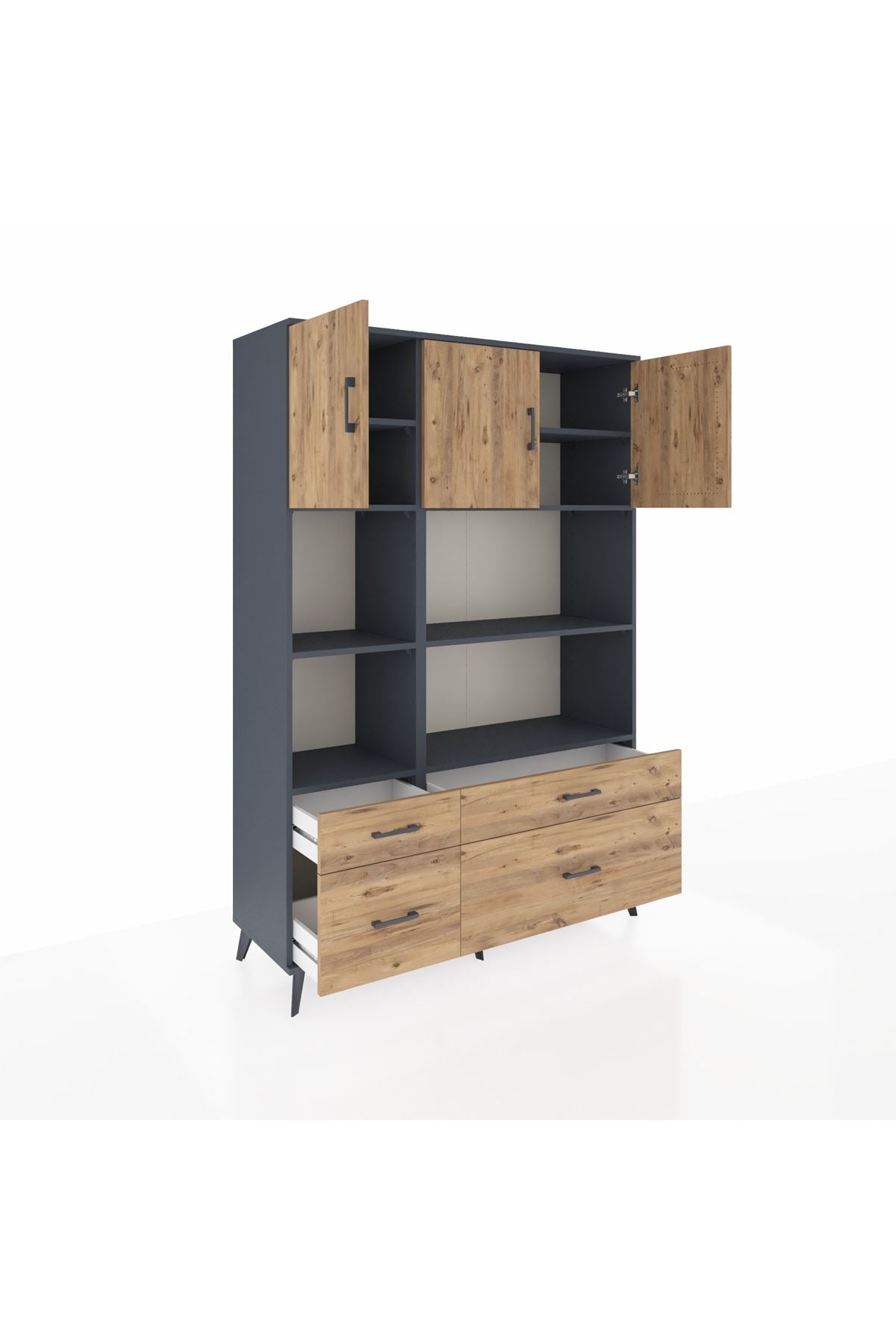 Hyperion Dolap 8 Raflı 4 Çekmeceli 3 Kapaklı 132x44x195 Antrasit-Çam/Çam