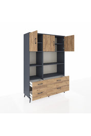 Hyperion Dolap 8 Raflı 4 Çekmeceli 3 Kapaklı 132x44x195 Antrasit-Çam/Çam