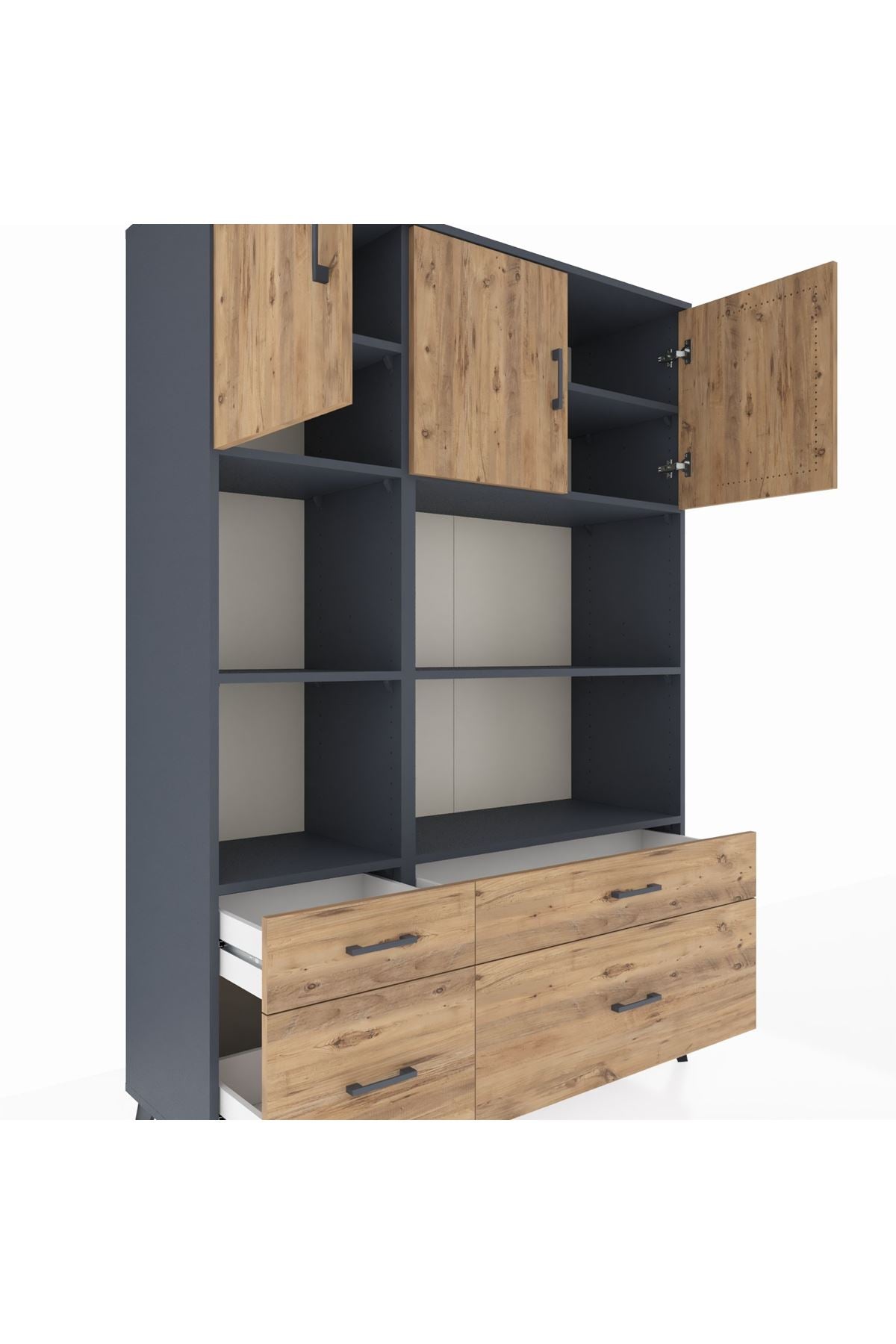 Hyperion Dolap 8 Raflı 4 Çekmeceli 3 Kapaklı 132x44x195 Antrasit-Çam/Çam
