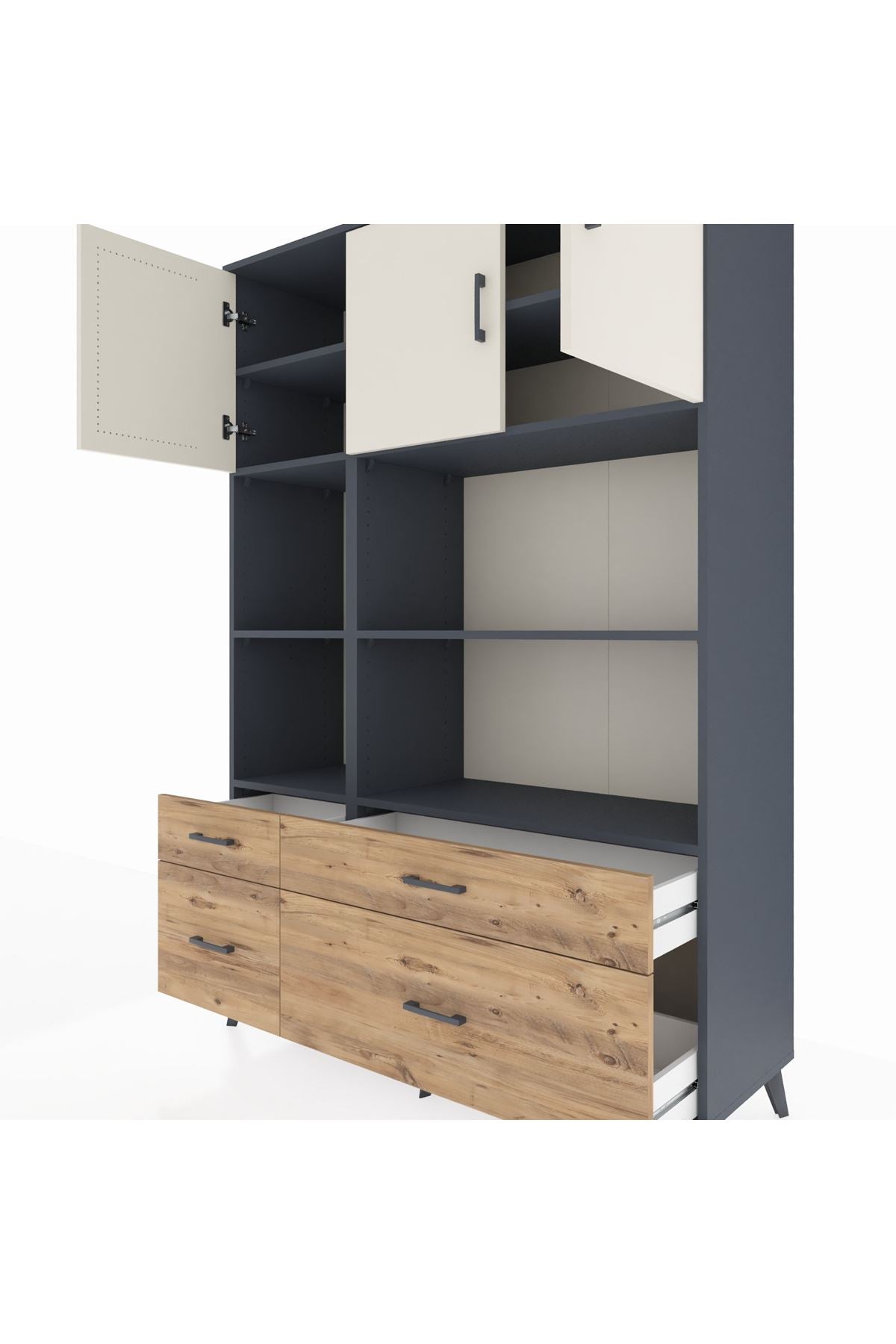Hyperion Dolap 8 Raflı 4 Çekmeceli 3 Kapaklı 132x44x195 Antrasit-Aytaşı/Çam