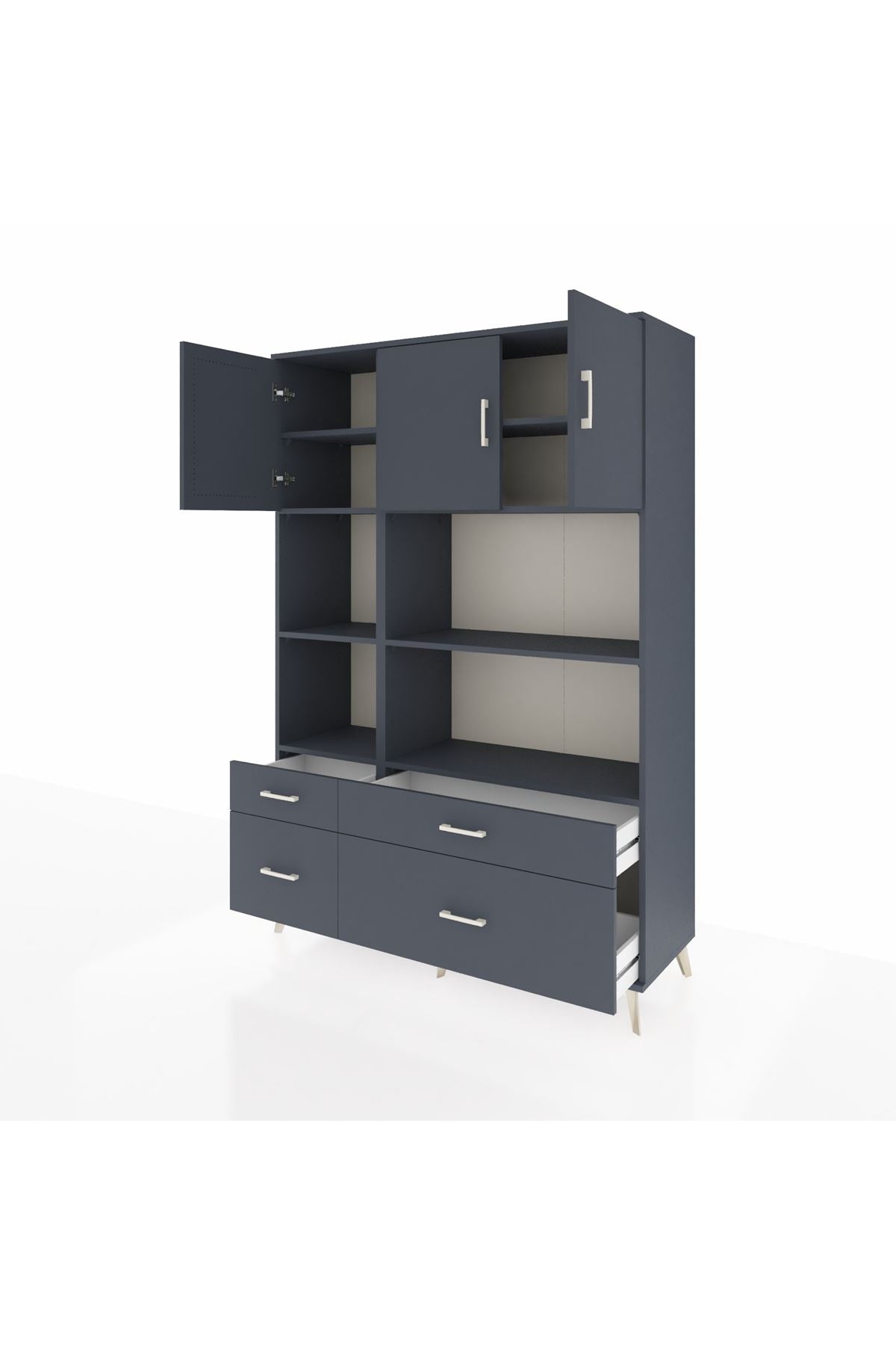 Hyperion Dolap 8 Raflı 4 Çekmeceli 3 Kapaklı 132x44x195 Antrasit-Antrasit/Antrasit