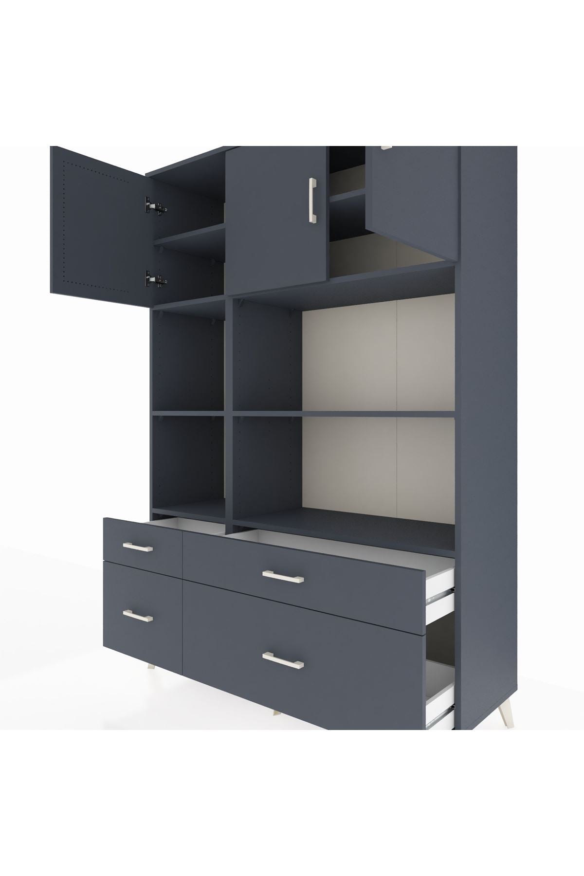 Hyperion Dolap 8 Raflı 4 Çekmeceli 3 Kapaklı 132x44x195 Antrasit-Antrasit/Antrasit