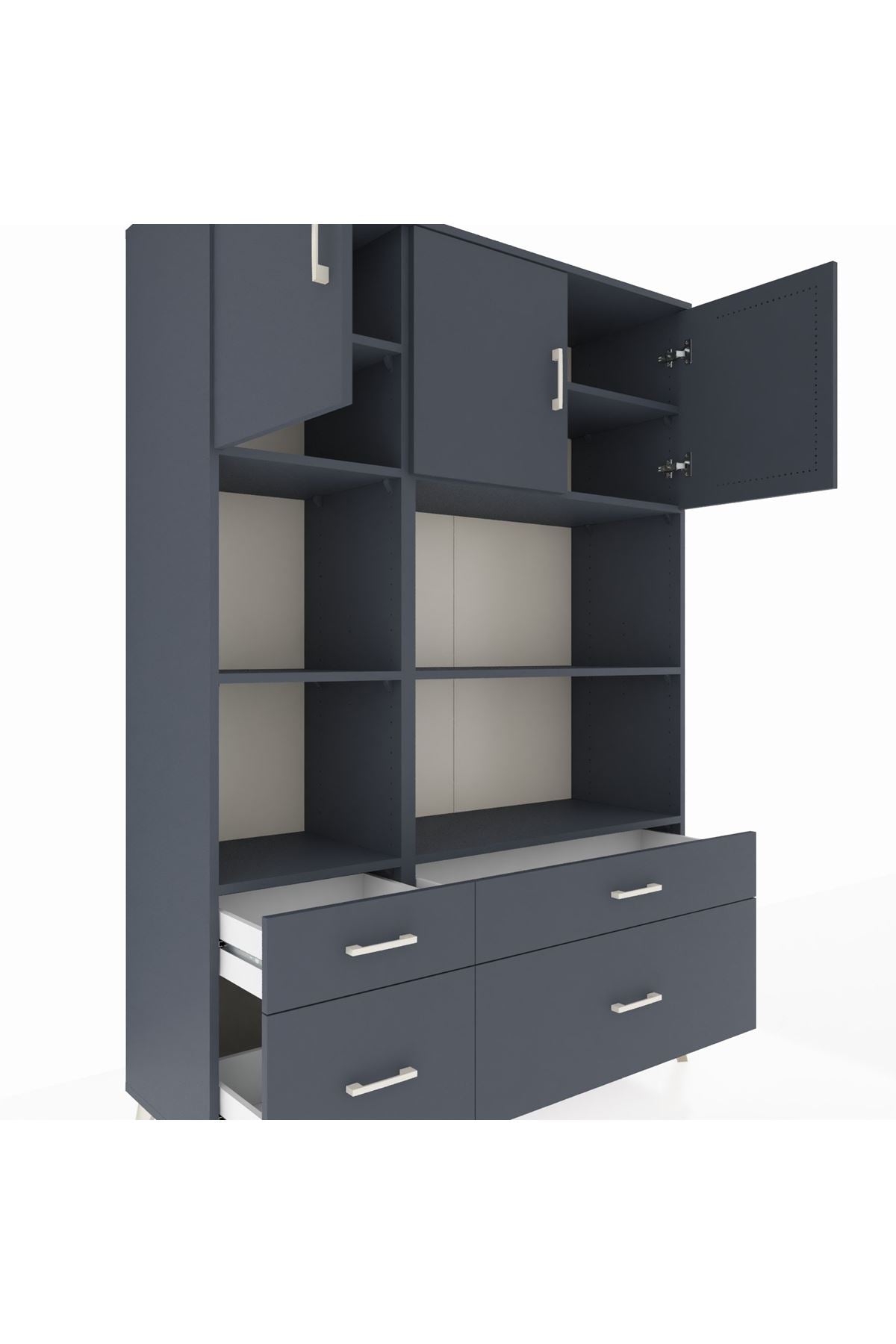 Hyperion Dolap 8 Raflı 4 Çekmeceli 3 Kapaklı 132x44x195 Antrasit-Antrasit/Antrasit