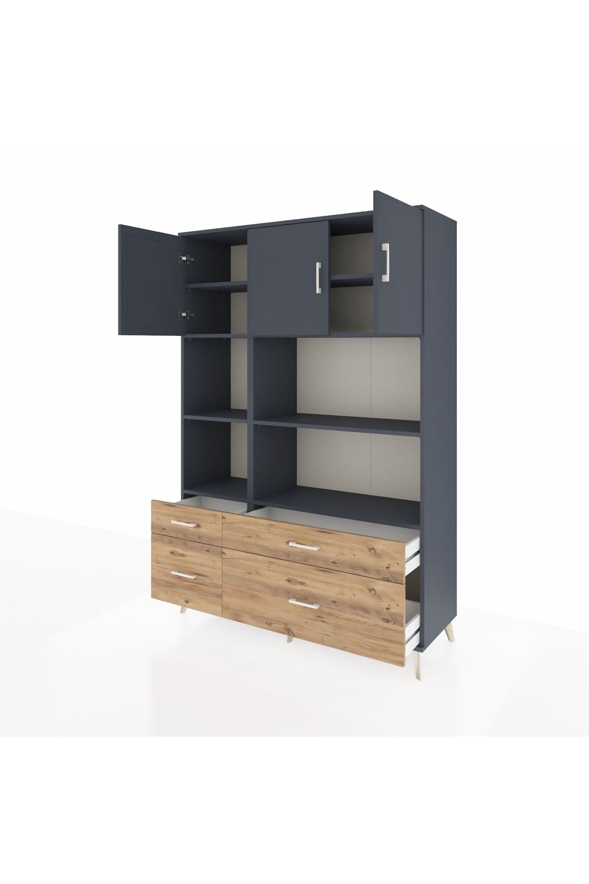 Hyperion Dolap 8 Raflı 4 Çekmeceli 3 Kapaklı 132x44x195 Antrasit-Antrasit/Çam