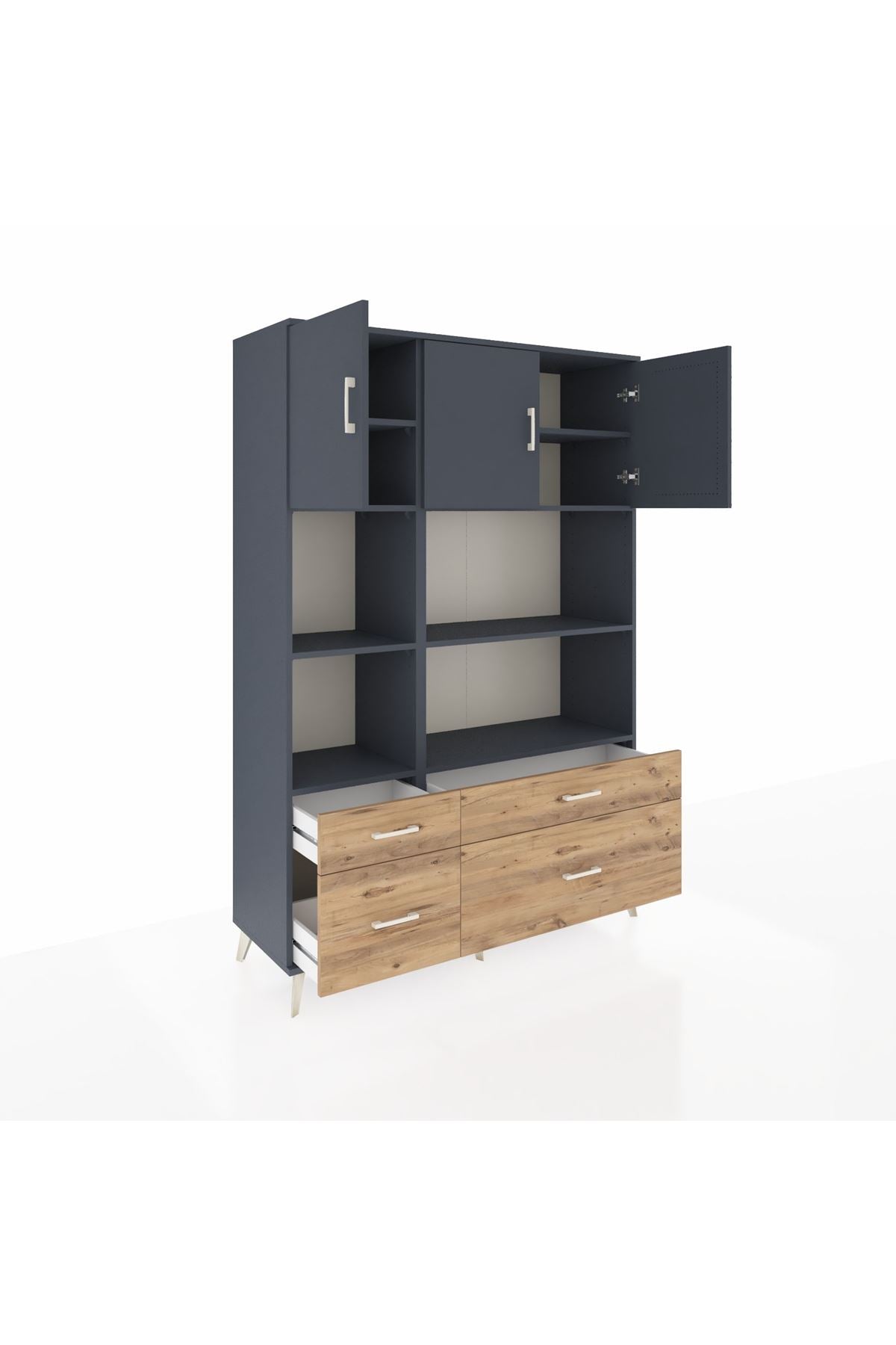 Hyperion Dolap 8 Raflı 4 Çekmeceli 3 Kapaklı 132x44x195 Antrasit-Antrasit/Çam