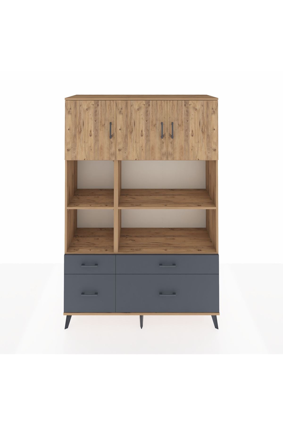 Hyperion Dolap 8 Raflı 4 Çekmeceli 3 Kapaklı 132x44x195 Çam-Çam/Antrasit