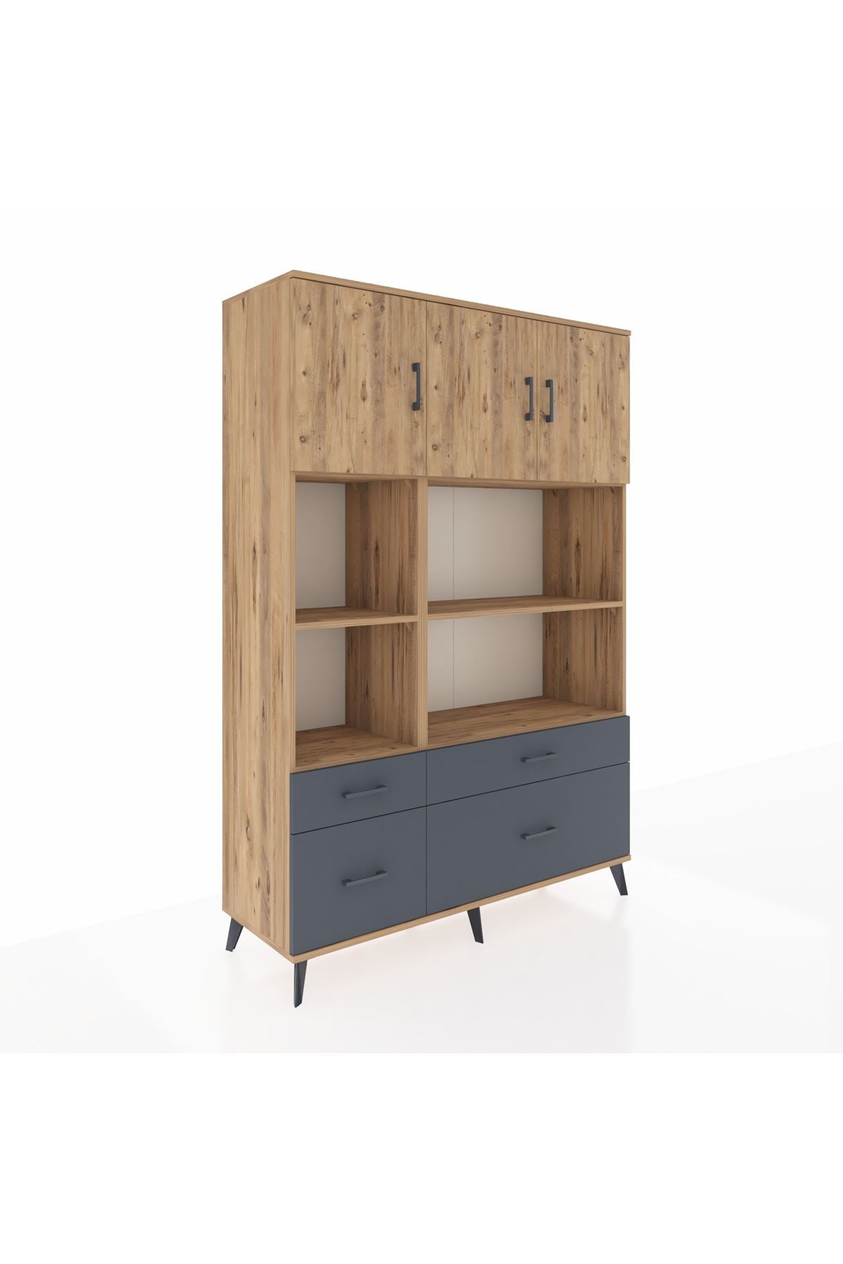 Hyperion Dolap 8 Raflı 4 Çekmeceli 3 Kapaklı 132x44x195 Çam-Çam/Antrasit